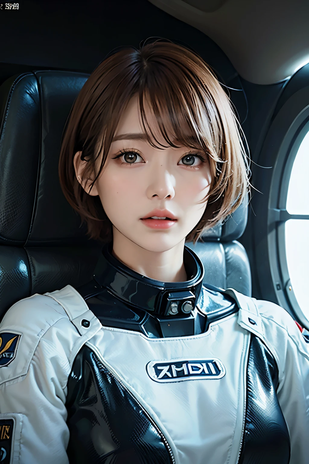 Ultra-high resolution、(Real:1.4)、Beautiful woman1、cyborg、Beautifully detailed eyes and skin、Light brown short hair、Bad mood、melancholy、Full space suit、Space Station、Spaceship、Sci-Fi Taste、Movie quality、