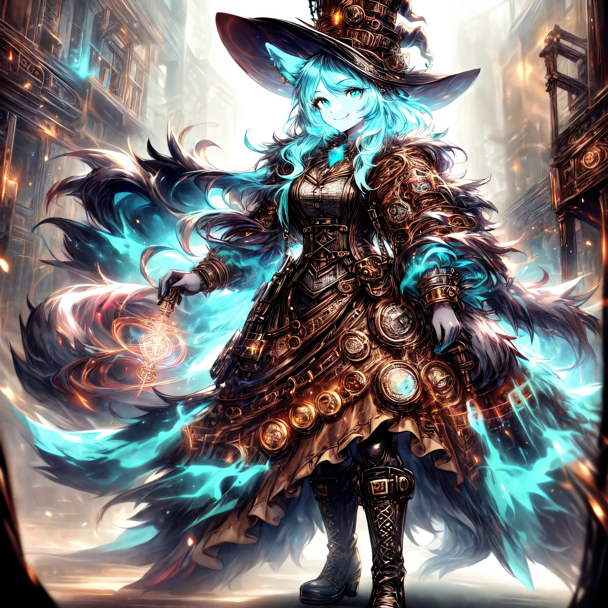 [best quality, shaded, extreme detail, highly detailed, ultradetailed, intricate, realistic], woman, hairy woman, wolf woman, full body portrait, full fur, magic fur, full tail, big tail, magic tail, long hair ( colorful hair), hat on the head (steampunk style witch hat), almond-shaped eyes (bright turquoise color), expressive smile, charming face, witch outfit (dark color with magic runes, the outfit is steampunk style), black tights, shoes (high steampunk boots), the scene is in a narrow alley with a sinister and dark atmosphere.