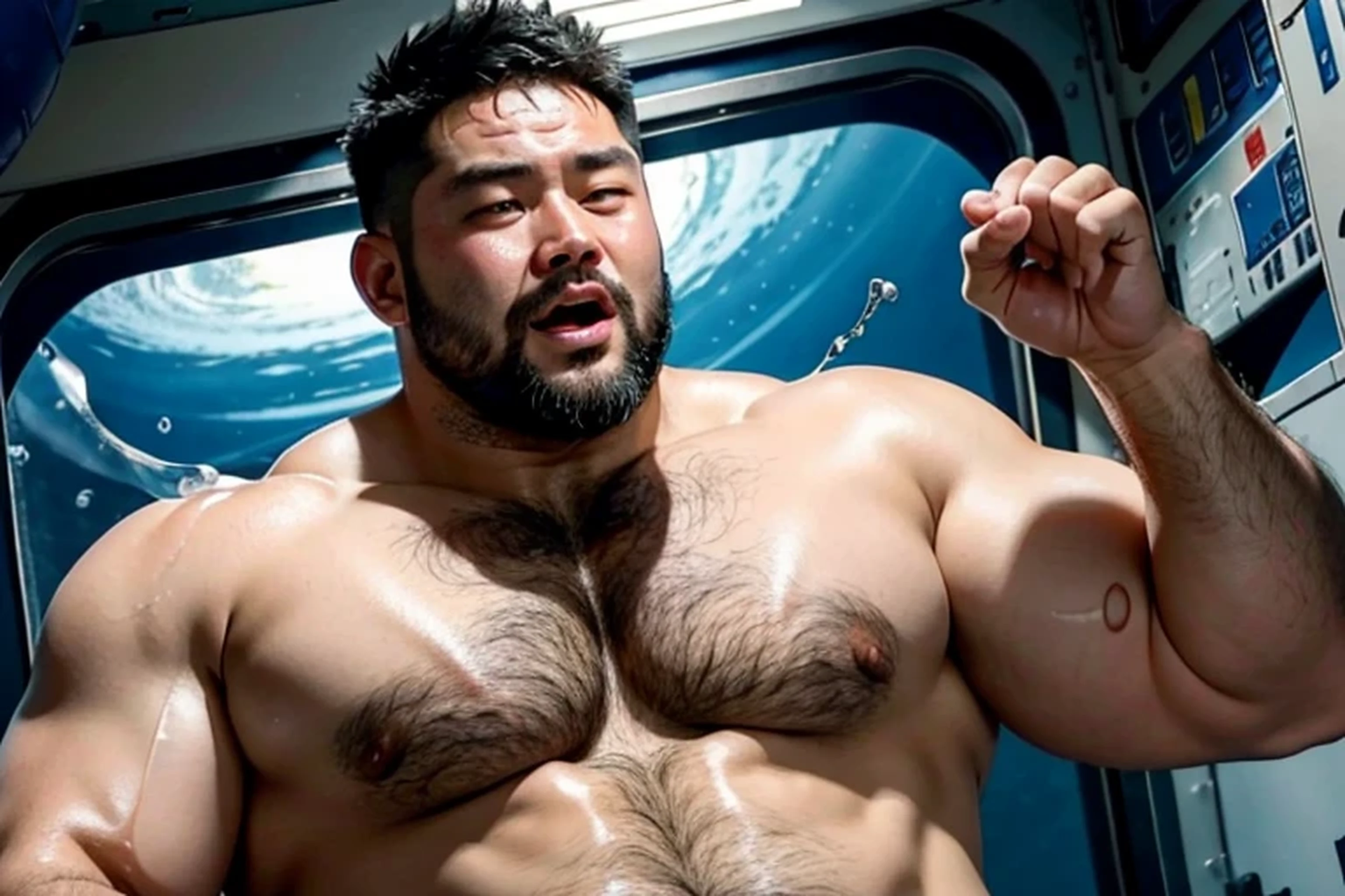 a 38 years old stocky chubby thick Chinese former rugby player shirtless with short beard and short hair masturbating alone in the space station with his mouth open show penis ejaculating huge load of cum load of goo of cum is in the air zero gravity lots of white goo of cum on his body and face