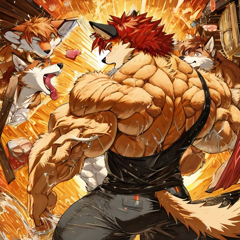 (masterpiece, Best quality:1.2), **** wolf boys, having sex, in trousers,body covered in dark ginger fur, Furry style,sexual,horny,very muscular wild ,full height,very short red hair,freckles on the body and face,amber eyes,defined muscles,sharp focus