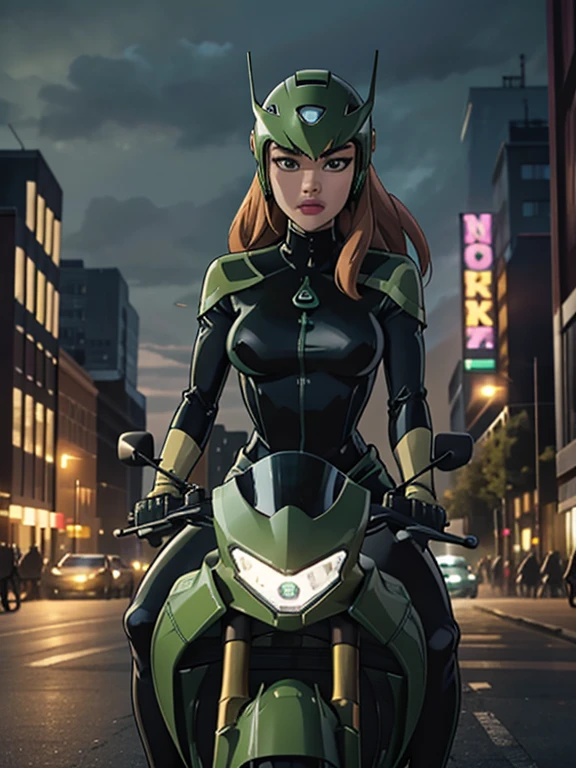 Highest image quality, outstanding details, ultra-high resolution, (realism: 1.4), the best illustration, favor details, highly condensed 1girl, with a delicate and beautiful face, dressed in a black and green mecha, wearing a mecha helmet, holding a directional controller, riding on a motorcycle, the background is a high-tech lighting scene of the future city.