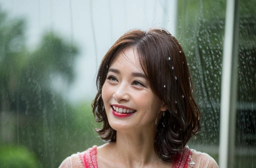 myself woman 50 years old profile Brown bob hair Brown Hair Beautiful Hair Shiny Hair Japan (It rained and I got wet, Raindrops, Wet body :1.2) It's raining outside ( sharp ), (Facing the children_v1:0.7), (8k, highest quality), Unconscious, Please open your eyes, Big perfect hands, Detailed fingers, wedding ring, High resolution, original, (Flat Color:0.9),(colorful:1.1),(masterpiece:1,2), highest quality, masterpiece, High resolution, original, Highly detailed wallpaper, Audience'Perspective, alone, Portraiture, mature woman body set, smile, When I look at this, Rain Background,Natural wrinkles, Wrinkles around the eyes, Surreal, Natural Skin, Natural Hair Color, Bright red lips (It rained and I got wet、Raindrops、Wet body:1.2)、