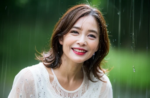 myself　woman　50 years old　profile　Brown bob hair　Brown Hair　Beautiful Hair　 Shiny Hair　Japan　(It rained and I got wet, Raindrops, Wet body :1.2)　It&#39;s raining outside ( sharp ), (Facing the children_v1:0.7), (8k, highest quality), Unconscious, Please open your eyes, Big perfect hands, Detailed fingers, wedding ring, High resolution, original, (Flat Color:0.9),(colorful:1.1),(masterpiece:1,2), highest quality, masterpiece, High resolution, original, Highly detailed wallpaper, Audience&#39;Perspective, alone, Portraiture, mature woman body set, smile, When I look at this, Rain Background,Natural wrinkles, Wrinkles around the eyes, Surreal, Natural Skin, Natural Hair Color, Bright red lips　(It rained and I got wet、Raindrops、Wet body:1.2)、