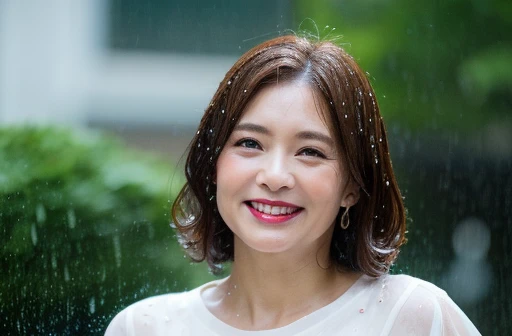 myself　woman　50 years old　profile　Brown bob hair　Brown Hair　Beautiful Hair　 Shiny Hair　Japan　(It rained and I got wet, Raindrops, Wet body :1.2)　It&#39;s raining outside ( sharp ), (Facing the children_v1:0.7), (8k, highest quality), Unconscious, Please open your eyes, Big perfect hands, Detailed fingers, wedding ring, High resolution, original, (Flat Color:0.9),(colorful:1.1),(masterpiece:1,2), highest quality, masterpiece, High resolution, original, Highly detailed wallpaper, Audience&#39;Perspective, alone, Portraiture, mature woman body set, smile, When I look at this, Rain Background,Natural wrinkles, Wrinkles around the eyes, Surreal, Natural Skin, Natural Hair Color, Bright red lips　(It rained and I got wet、Raindrops、Wet body:1.2)、