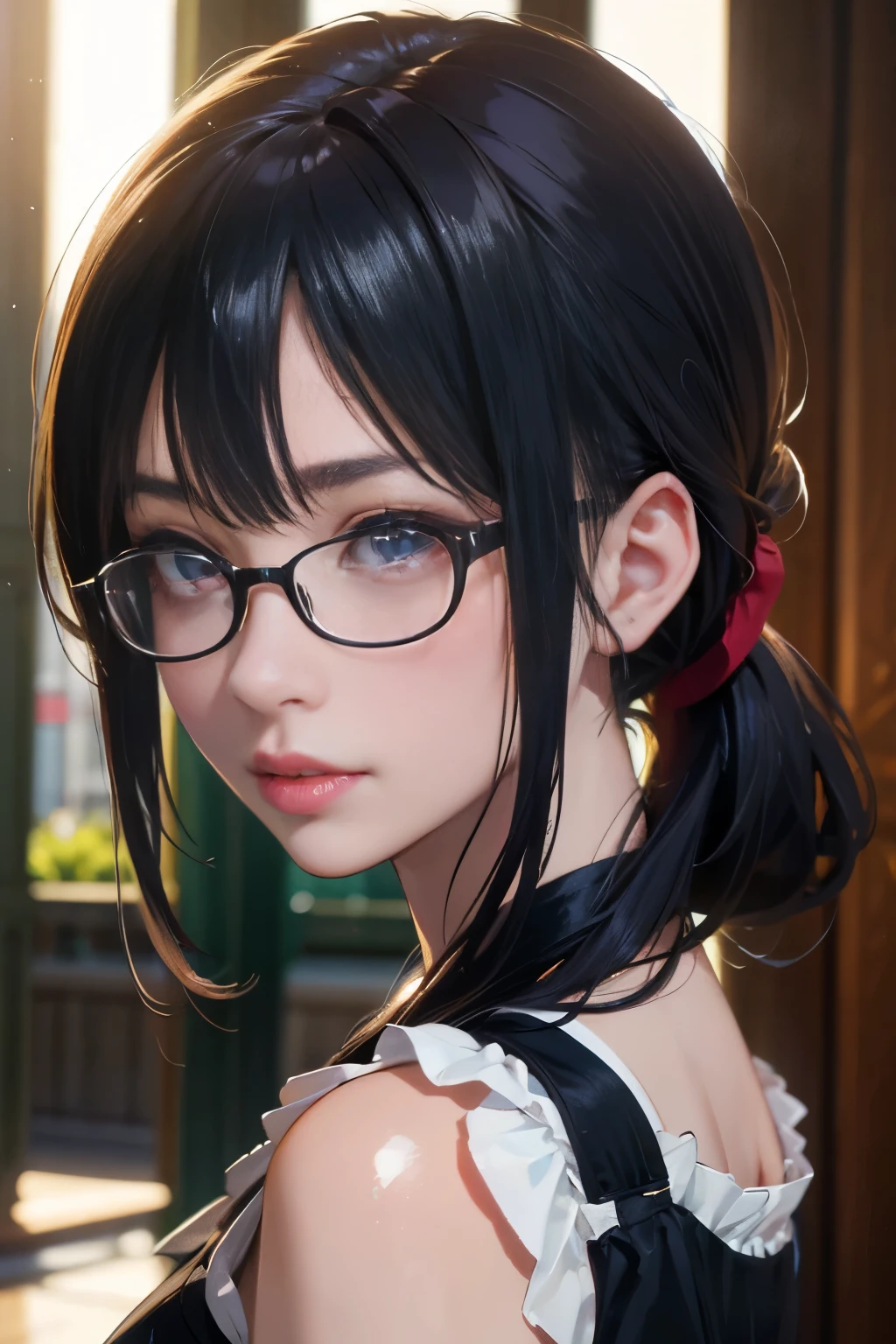 ((Face close-up)), Focus on the nose, (highest quality:1.4), (Realistic:1.5), (Ultra-realistic:1.5), High resolution 32k UHD, (masterpiece:1.2), (Improvement of quality:1.4), (very beautiful facial details), (Highest quality realistic skin texture:1.4), 1woman, Japanese women, ((black rimmed glasses)), black camisole, Highly detailed face, Symmetrical eyes, Beautiful Eyes, (Clear Eyes), (detailed eyelashes), (Highly detailed lips), (tired, Sleepy and satisfied:0.0), Shiny black hair, hanging bangs, ponytail, Slim figure, Natural light