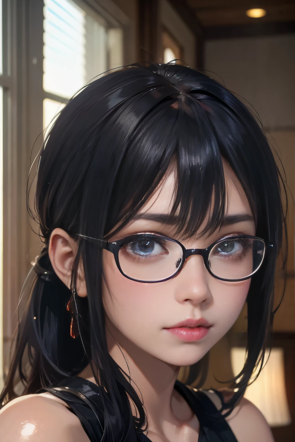 ((Face close-up)), Focus on the nose, (highest quality:1.4), (Realistic:1.5), (Ultra-realistic:1.5), High resolution 32k UHD, (masterpiece:1.2), (Improvement of quality:1.4), (very beautiful facial details), (Highest quality realistic skin texture:1.4), 1woman, Japanese women, ((black rimmed glasses)), black camisole, Highly detailed face, Symmetrical eyes, Beautiful Eyes, (Clear Eyes), (detailed eyelashes), (Highly detailed lips), (tired, Sleepy and satisfied:0.0), Shiny black hair, hanging bangs, ponytail, Slim figure, Natural light