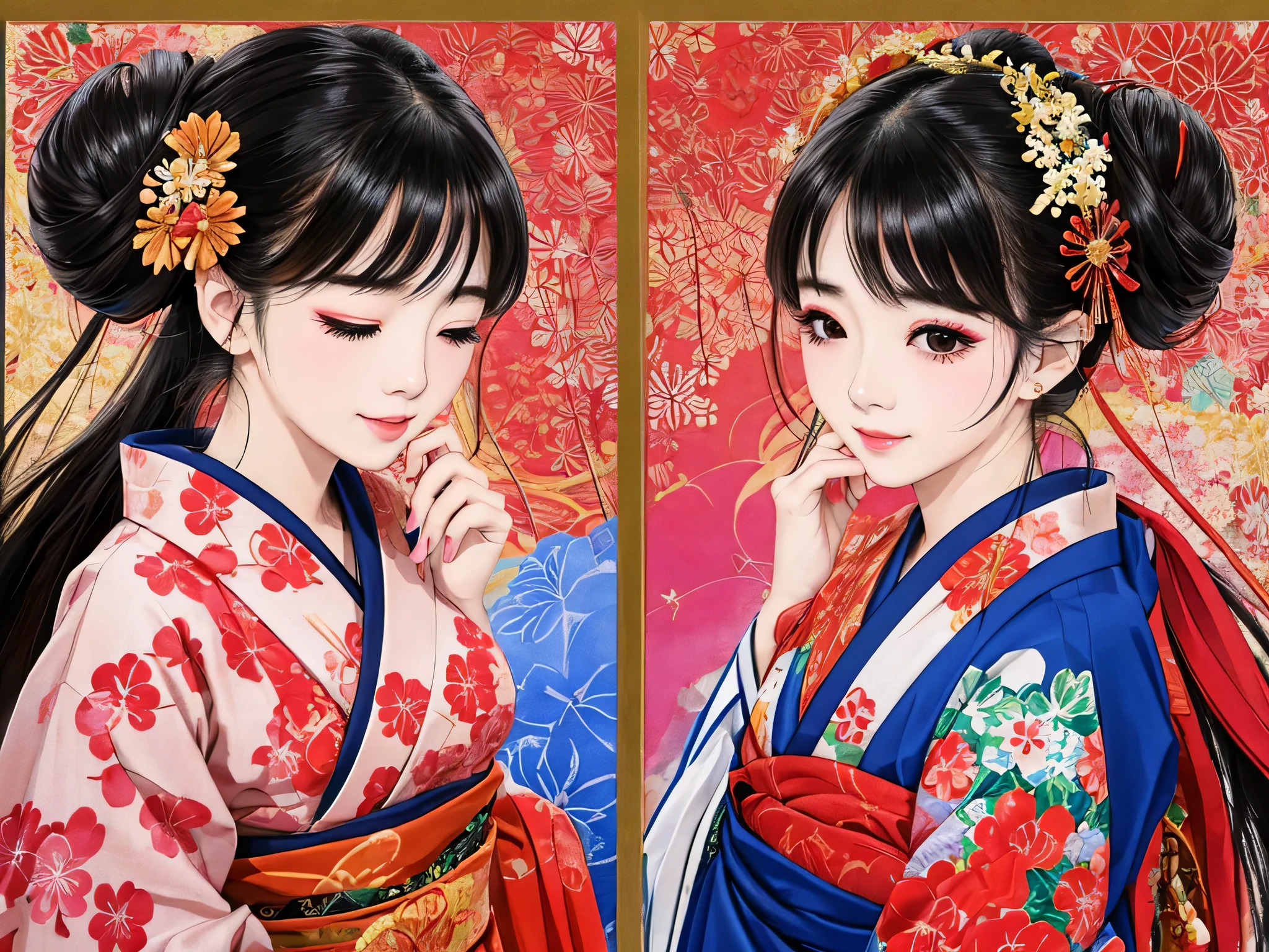 Each has a different expression2People and sisters、(2 girls)、⦅Dancing traditional arts with grace)、((Big Breasts、Small Face、Not exposed))、highest quality、masterpiece、(Black Hair、Bun Hair)、Brown Eyes、⦅Wide angle、Angle from above the waist、Pause on the magazine cover、Each person has a different perspective when looking into the distance⦆、(8K high quality、masterpiece、High resolution、Realistic and beautiful light and shadow、(highest quality)、(High Resolution)、(Very delicate and beautiful)、(Beautiful 8k face)、(Smiling and closing your eyes、Beautiful eyes)、(Clear skin)、(Soft hair)、(8Head to Body)、(A Japanese style yukata kimono with red, pink and orange floral patterns on a white background, interspersed with gold powder、Wearing a yukata2Beautiful Japanese girls)、((Tanabata decoration background))、((Small Face))、(arms up)、Thin and small nose、(Red lipstick)、(Make your cheeks red)、(Glossy skin)、((Ink painting style))、Very thin eyebrows、Overall ultra-high image quality、(She is wearing maiko-style makeup.)、Whitening、Long and beautiful eyelashes、Glowing Skin、(Red cheeks),Straight nose、masterpiece、highest quality、whole body、 Eyebrows visible through hair、Bun Hair、Grin、Gal、Gal、Viewer's Eyes、Plaid、Stylish、woman、fine、Pause、
Waiting to start
