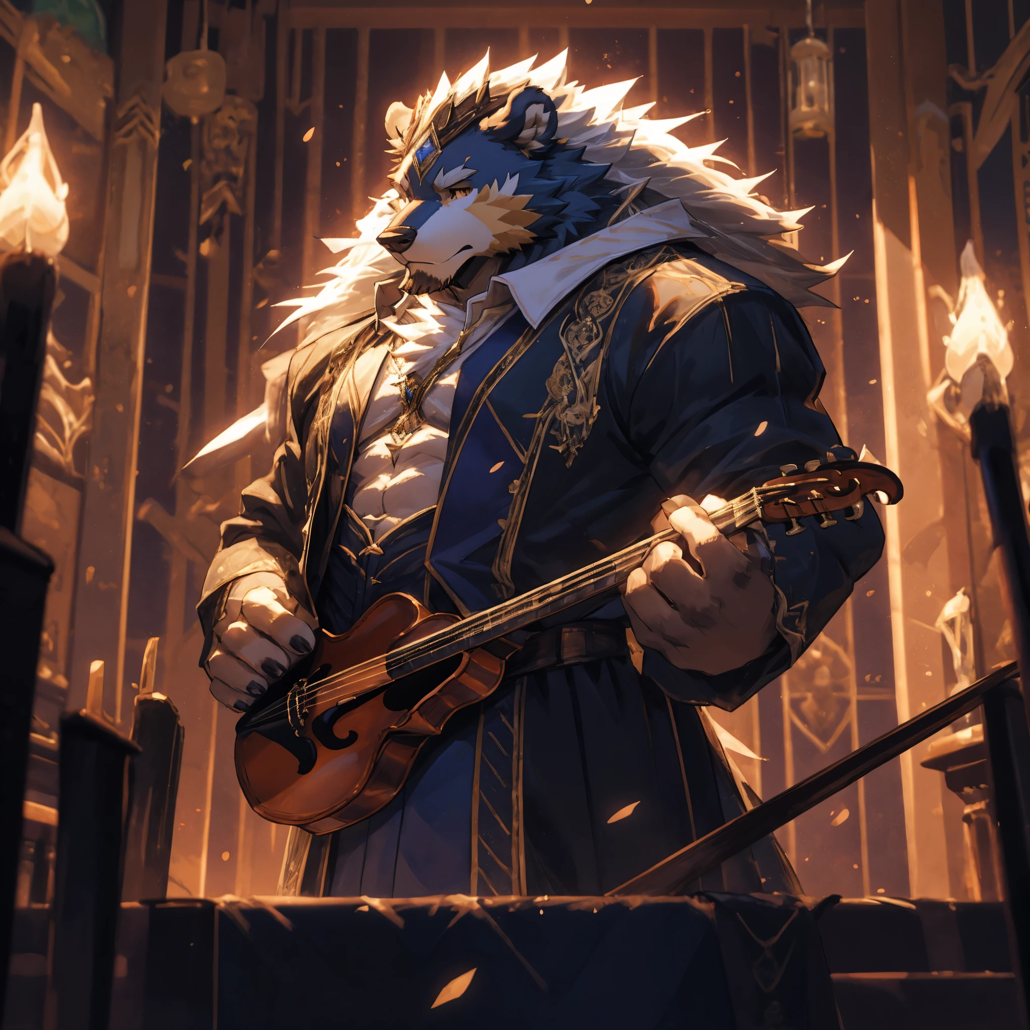 A muscular, gentle, and solemn bard stands alone, facing the camera in the highest quality 8K resolution. The Northern bear creature, white bear,violin,a majestic and mythical being, accompanies the bard in the frame. The scene exudes a sense of tranquility and elegance. Vibrant music notes swirl around the bard, emphasizing the emotional depth of the music being played. Every detail is meticulously portrayed, creating an ultra-detailed and photorealistic masterpiece. The color palette is rich and vivid, enhancing the overall visual impact. The lighting emphasizes the character's features, casting dramatic shadows and highlights. With this prompt, Stable Diffusion will generate a captivating image that captures the essence of this extraordinary scene,by zixiong