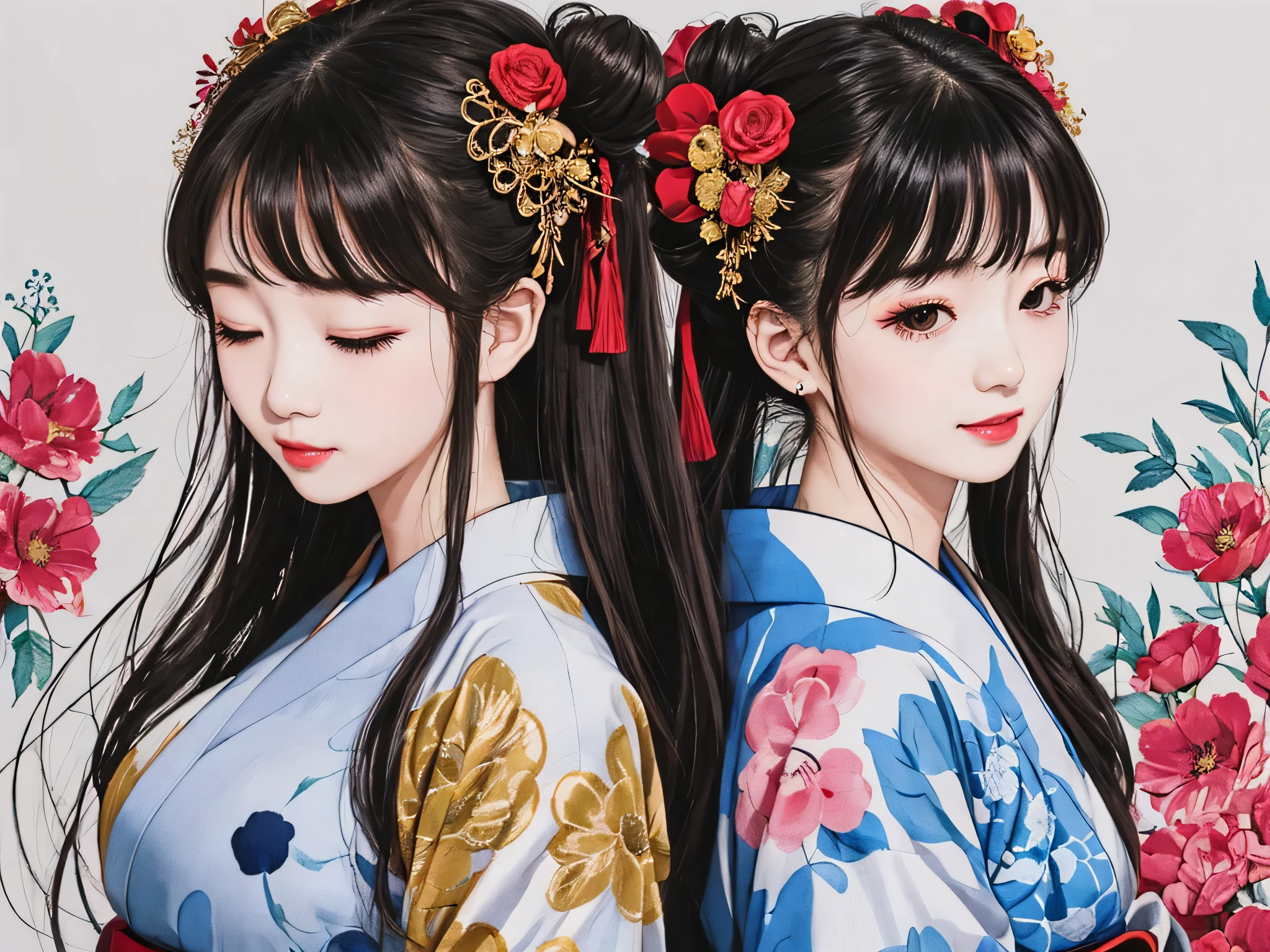 Each has a different expression2People and sisters、(2 girls)、⦅Dancing traditional arts with grace)、((Big Breasts、Small Face、Not exposed))、highest quality、masterpiece、(Black Hair、Bun Hair)、Brown Eyes、⦅Wide angle、Angle from above the waist、Pause on the magazine cover、Each person has a different perspective when looking into the distance⦆、(8K high quality、masterpiece、High resolution、Realistic and beautiful light and shadow、(highest quality)、(High Resolution)、(Very delicate and beautiful)、(Beautiful 8k face)、(Smiling and closing your eyes、Beautiful eyes)、(Clear skin)、(Soft hair)、(8Head to Body)、(A Japanese style yukata kimono with red, pink and orange floral patterns on a white background, interspersed with gold powder、Wearing a yukata2Beautiful Japanese girls)、((Tanabata decoration background))、((Small Face))、(arms up)、Thin and small nose、(Red lipstick)、(Make your cheeks red)、(Glossy skin)、((Ink painting style))、Very thin eyebrows、Overall ultra-high image quality、(She is wearing maiko-style makeup.)、Whitening、Long and beautiful eyelashes、Glowing Skin、(Red cheeks),Straight nose、masterpiece、highest quality、whole body、 Eyebrows visible through hair、Bun Hair、Grin、Gal、Gal、Viewer's Eyes、Plaid、Stylish、woman、fine、Pause、
Waiting to start