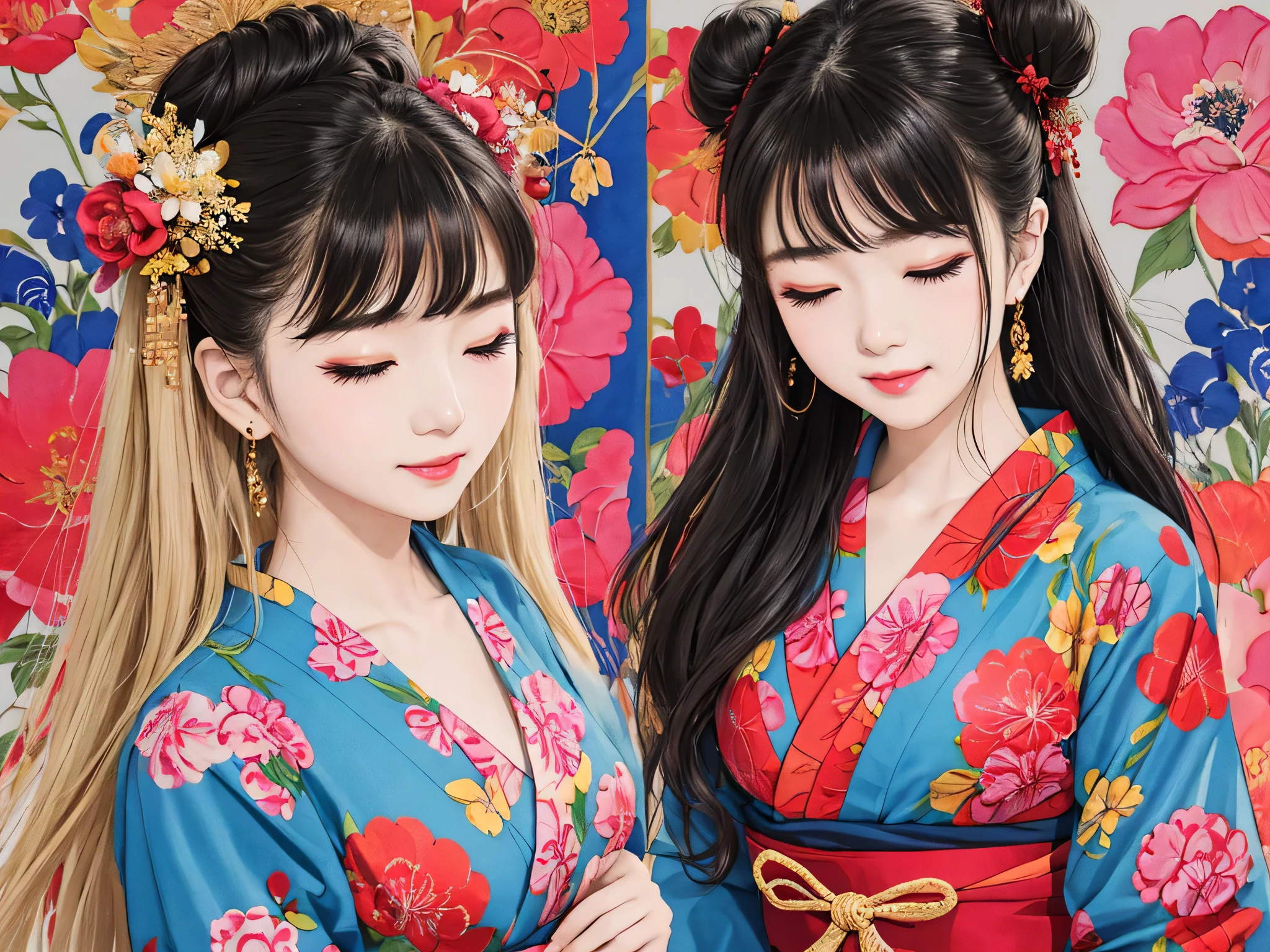 Each has a different expression2People and sisters、(2 girls)、⦅Dancing traditional arts with grace)、((Big Breasts、Small Face、Not exposed))、highest quality、masterpiece、(Black Hair、Bun Hair)、Brown Eyes、⦅Wide angle、Angle from above the waist、Pause on the magazine cover、Each person has a different perspective when looking into the distance⦆、(8K high quality、masterpiece、High resolution、Realistic and beautiful light and shadow、(highest quality)、(High Resolution)、(Very delicate and beautiful)、(Beautiful 8k face)、(Smiling and closing your eyes、Beautiful eyes)、(Clear skin)、(Soft hair)、(8Head to Body)、(A Japanese style yukata kimono with red, pink and orange floral patterns on a white background, interspersed with gold powder、Wearing a yukata2Beautiful Japanese girls)、((Tanabata decoration background))、((Small Face))、(arms up)、Thin and small nose、(Red lipstick)、(Make your cheeks red)、(Glossy skin)、((Ink painting style))、Very thin eyebrows、Overall ultra-high image quality、(She is wearing maiko-style makeup.)、Whitening、Long and beautiful eyelashes、Glowing Skin、(Red cheeks),Straight nose、masterpiece、highest quality、whole body、 Eyebrows visible through hair、Bun Hair、Grin、Gal、Gal、Viewer's Eyes、Plaid、Stylish、woman、fine、Pause、
Waiting to start
