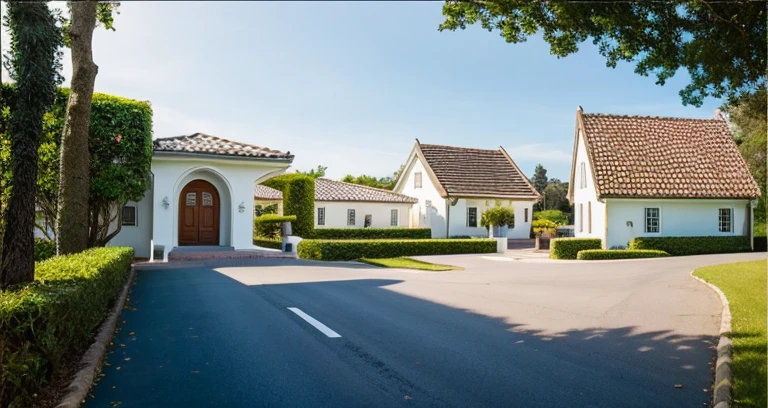 ((The church)) is made from white walls and some walls are painted bright blue)), beautyful light, beautyfulday, sunny, Many grass bougainvilleas along the road:1.3, lovely youthful feeling :1.2, sunlight at 12 noon, Very beautiful shadows