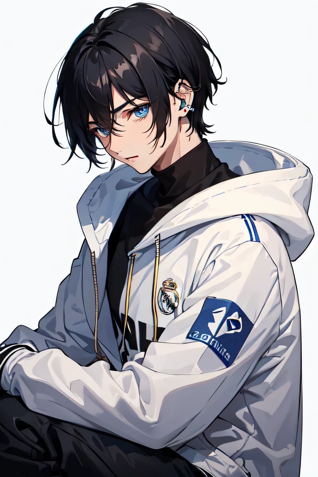 1boy,Real Madrid Football hoodie,blue eyes,black hair,mullet haircut,using piercing