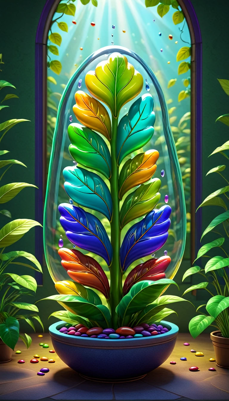Stained glass style,(a magical plant,Colorful Rainbow Big M Bean Candy),Leaves covered with nectar, Plants covered in liquid, Cute 3d rendering, Rendering in Cinema 4D Octane, Blender Art, cinema 4d color rendering, 非常detailed幸福照片, rendered in cinema4d, Color octane rendering, Energetic, fair, translucent, complex, detailed