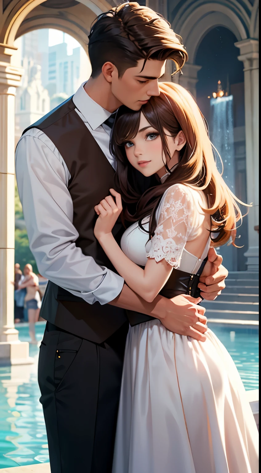 ((high detail images)),((works of art)),((gorgeous quality)),((high detail faces)),(expressive eyes),a tall beautiful fountain in the background,2 people,a couple stands near a beautiful detailed fan,water pours sprinkling a couple,a girl in a cute dress clings to a guy, a guy presses juicy lips to a girl's forehead and kisses a girl's forehead, love, beauty, romance, a couple hugs each other