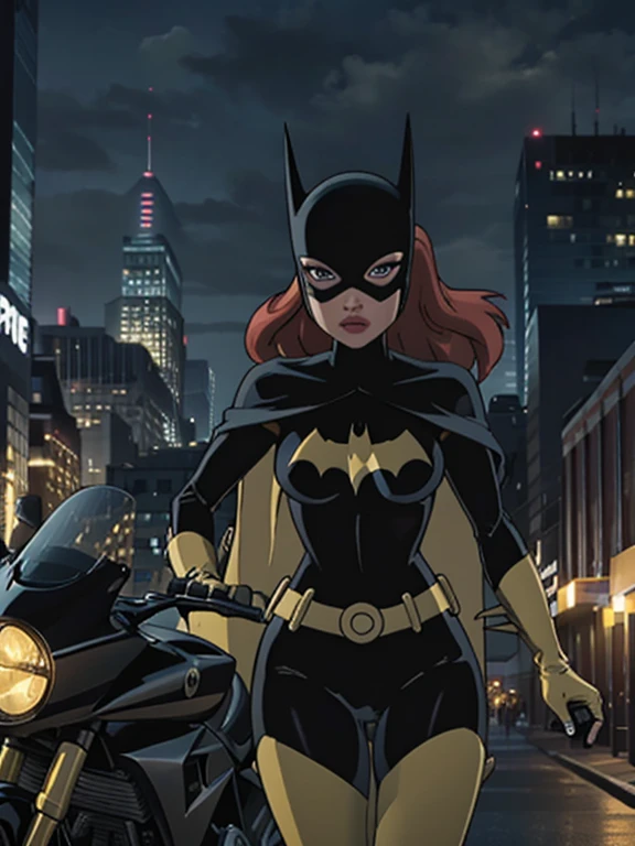 Highest image quality, outstanding details, ultra-high resolution, (realism: 1.4), the best illustration, favor details, highly condensed 1girl, with a delicate and beautiful face, dressed in a black and yellow mecha, wearing a mecha helmet, holding a directional controller, riding on a motorcycle, the background is a high-tech lighting scene of the future city. Batgirl