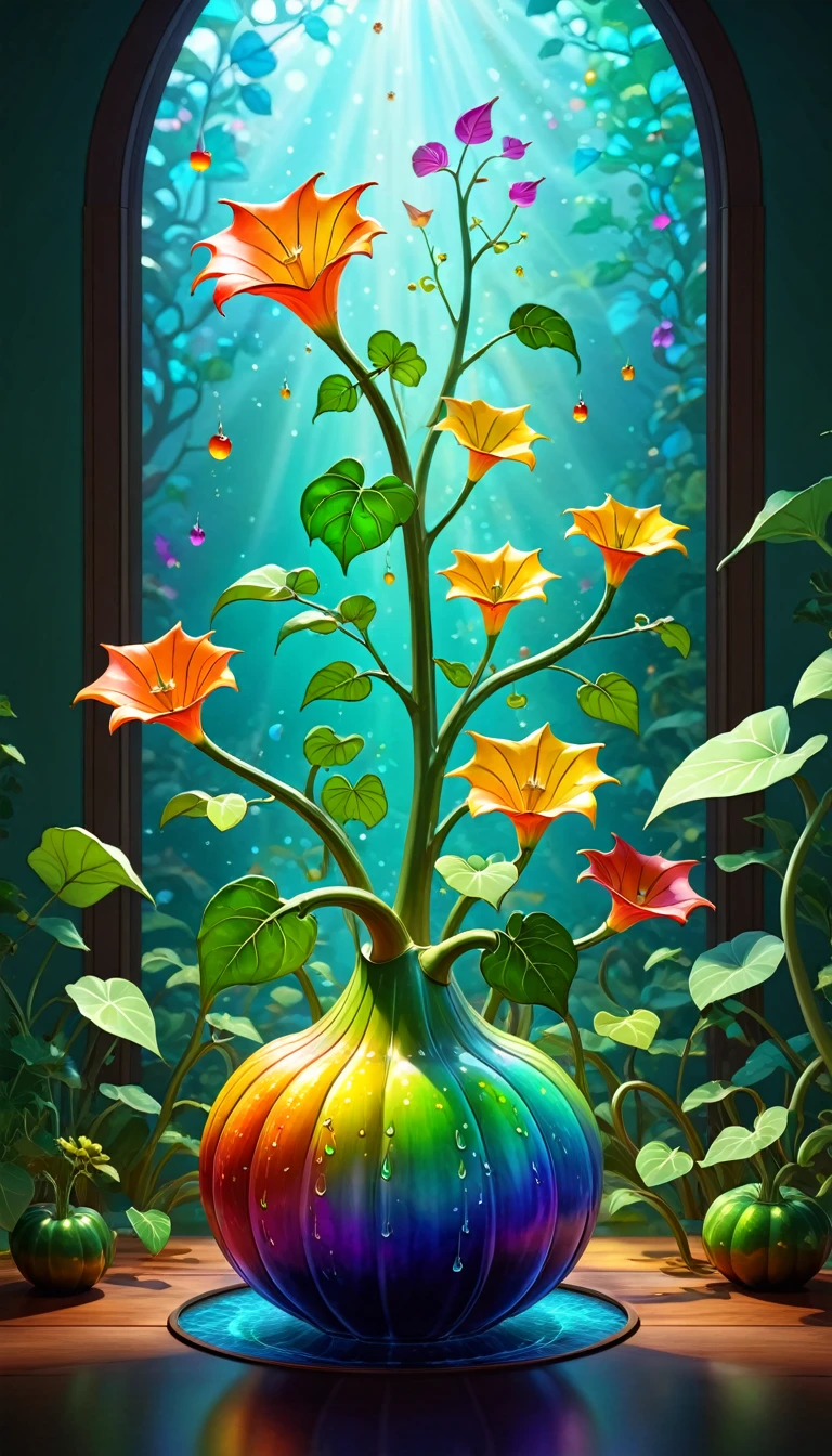 Stained glass style，(a magical plant，Colorful rainbow gourd)，Leaves covered with nectar, Plants covered in liquid, Cute 3d rendering, Rendering in Cinema 4D Octane, Blender Art, cinema 4d color rendering, 非常detailed幸福照片, rendered in cinema4d, Color octane rendering, Energetic, fair, translucent, complex, detailed