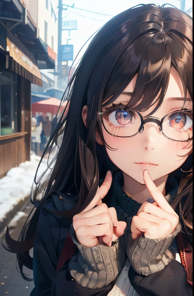 one girl, (a beauty girl, delicate girl:1.3), (:1.3),
break, (winter clothes:1.3),
break, (street view:1.3), (glasses), perfectly trimmed fingers,
break, very fine eye definition, (symmetrical eyes:1.3),
break, small breasts, brown eyes, parted bangs, brown hair,  girl,
break, (eyes and faces with detailed:1.0), (close up to face, zoom in face, face focus:1.0),
break, (masterpiece, best quality, ultra detailed, detailed face, 8k)