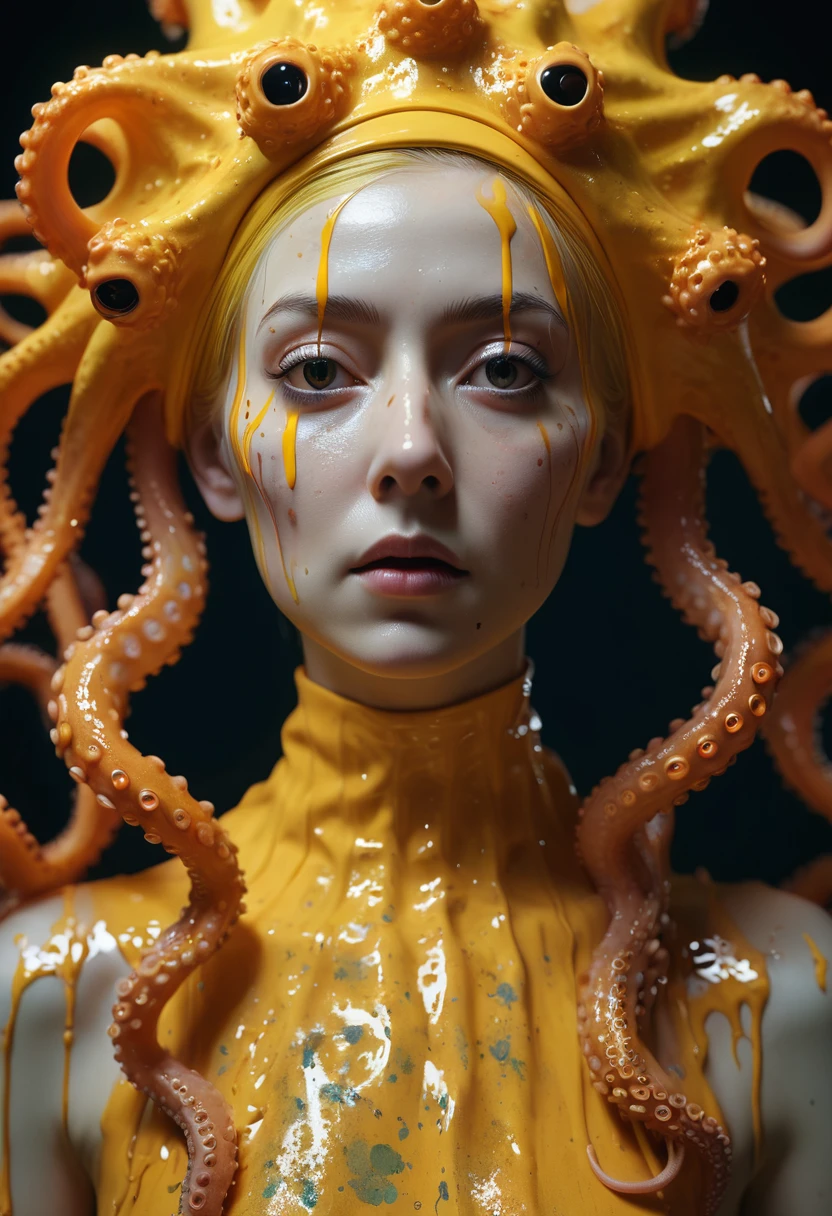 8K, ARTISTIC photogrAphy, best quAlity, mAsterpiece: 1.2), A (potrAit:1.2) witch BLOOD Toon Doll Cthulhu nun QUEEN, ORANGE many octopus style tentacles, full body RAW candid cinema, yellow hair, 16mm, color graded portra 400 film, remarkable color, ultra realistic, sad admosphere, dark lighting, oppressive atmosphere, depressive colors, kodak portra 400, photograph,r, Natural Light, Pinhead lighgts, blur reflection, Brush Strokes, Smooth, abstract, Splatter, Oil On Canvas, rainbow colors, fractal isometrics details bioluminescens : a stunning realistic photograph of wet bone structure, 3d render, octane render, intricately detailed, titanium decorative headdress, cinematic, trending on artstation | Isometric | Centered