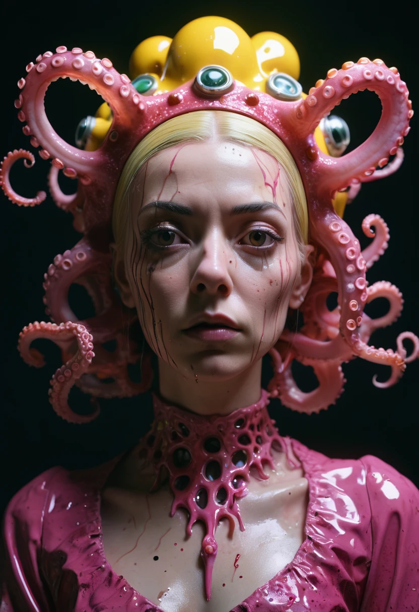 8K, ARTISTIC photogrAphy, best quAlity, mAsterpiece: 1.2), A (potrAit:1.2) witch BLOOD Toon Doll Cthulhu nun QUEEN, PINK many octopus style tentacles, full body RAW candid cinema, yellow hair, 16mm, color graded portra 400 film, remarkable color, ultra realistic, sad admosphere, dark lighting, oppressive atmosphere, depressive colors, kodak portra 400, photograph,r, Natural Light, Pinhead lighgts, blur reflection, Brush Strokes, Smooth, abstract, Splatter, Oil On Canvas, rainbow colors, fractal isometrics details bioluminescens : a stunning realistic photograph of wet bone structure, 3d render, octane render, intricately detailed, titanium decorative headdress, cinematic, trending on artstation | Isometric | Centered