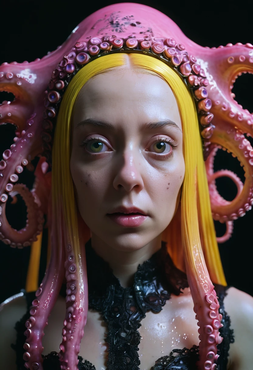 8K, ARTISTIC photogrAphy, best quAlity, mAsterpiece: 1.2), A (potrAit:1.2) witch BLOOD Toon Doll Cthulhu nun QUEEN, PINK many octopus style tentacles, full body RAW candid cinema, yellow hair, 16mm, color graded portra 400 film, remarkable color, ultra realistic, sad admosphere, dark lighting, oppressive atmosphere, depressive colors, kodak portra 400, photograph,r, Natural Light, Pinhead lighgts, blur reflection, Brush Strokes, Smooth, abstract, Splatter, Oil On Canvas, rainbow colors, fractal isometrics details bioluminescens : a stunning realistic photograph of wet bone structure, 3d render, octane render, intricately detailed, titanium decorative headdress, cinematic, trending on artstation | Isometric | Centered