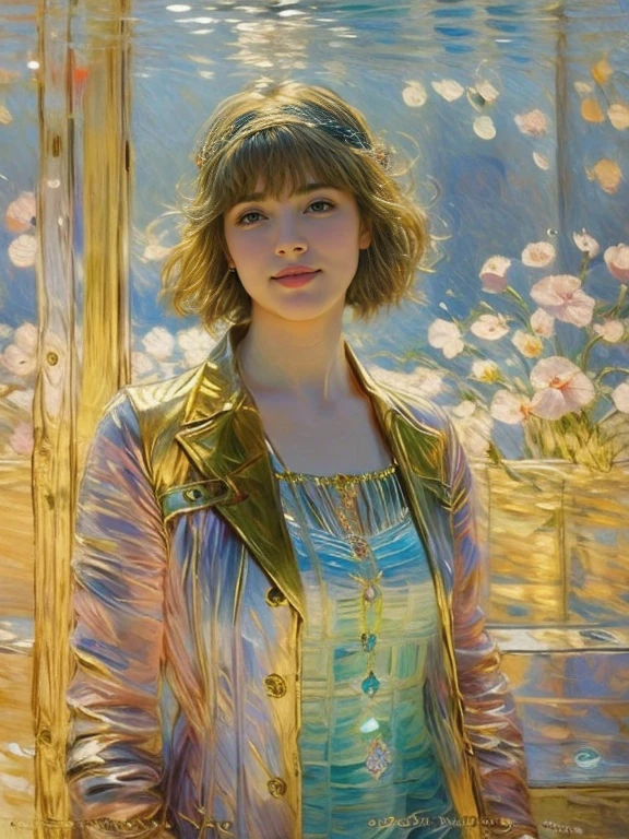 Aquarium with rainbow fish, behind the thick glass of the aquarium there is a girl, Portrait of a 25-year-old girl with long blond hair, dressed in a dress made of light material, the rays of the sun are refracted through the water and shine on the girl's face, fish swim in front of the girl, Bromine art, the image of an epic fantasy character, portrait of a character, fantasy art, works by Richard Schmid, A.Mucha, Volegov, impressionism, your love
