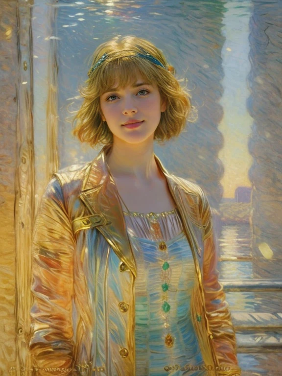 Aquarium with rainbow fish, behind the thick glass of the aquarium there is a girl, Portrait of a 25-year-old girl with long blond hair, dressed in a dress made of light material, the rays of the sun are refracted through the water and shine on the girl's face, fish swim in front of the girl, Bromine art, the image of an epic fantasy character, portrait of a character, fantasy art, works by Richard Schmid, A.Mucha, Volegov, impressionism, your love