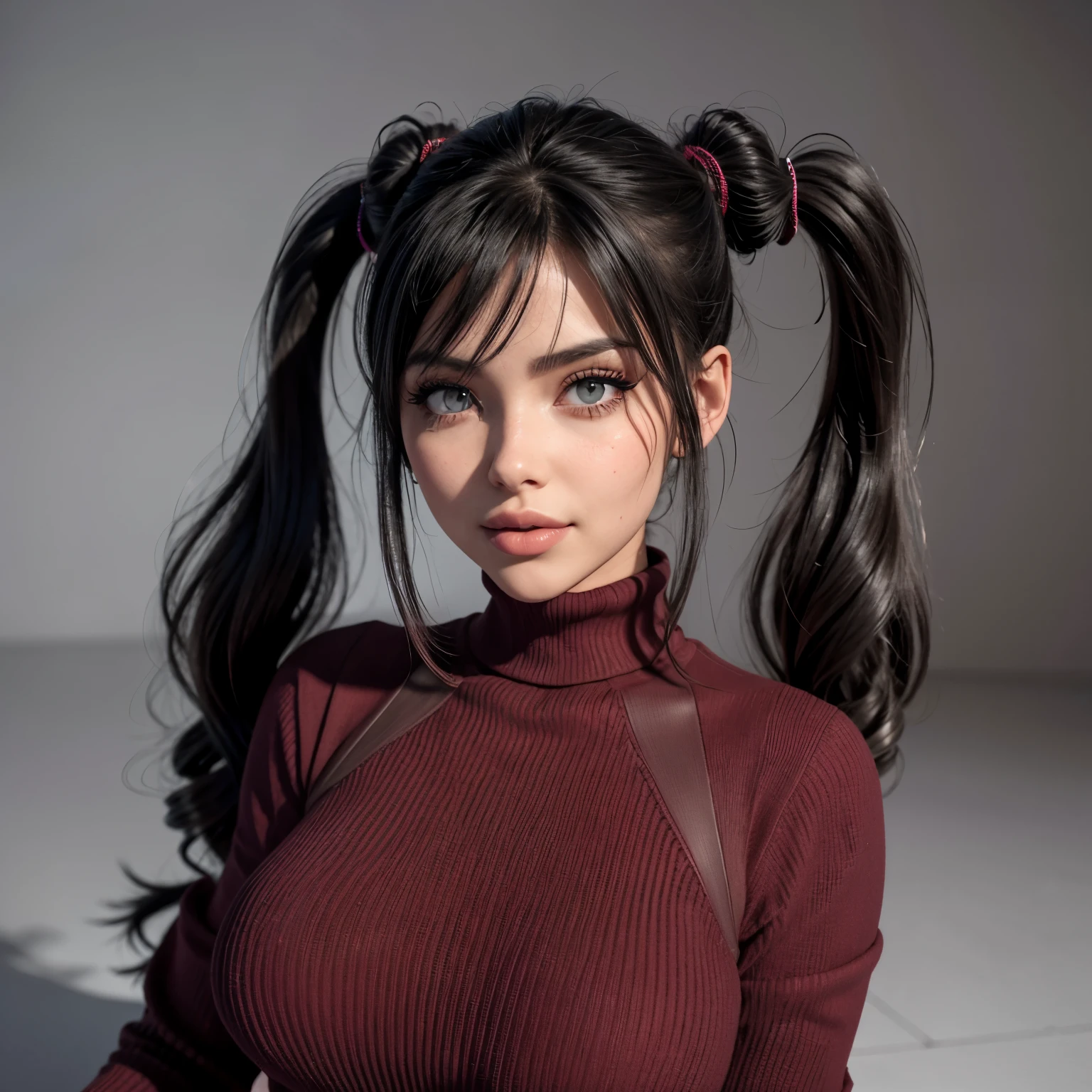 1;girl Tohsaka Rin,solo cabelo preto longo , red sweater , looking at me, happy smirk expression, olhando para o espectador fundo azul, cabelo preto fundo simples dois lados para cima ,gola alta ,olhos azuis, lips closed mouth,fita de cabelo franja ,Gola Alta Sweater,parte superior do corpo , franja repartida ,fita preta ,Twintail ribbed sweater, nariz perfect,pele bem detalhada,(((obra-Prima 3d)))