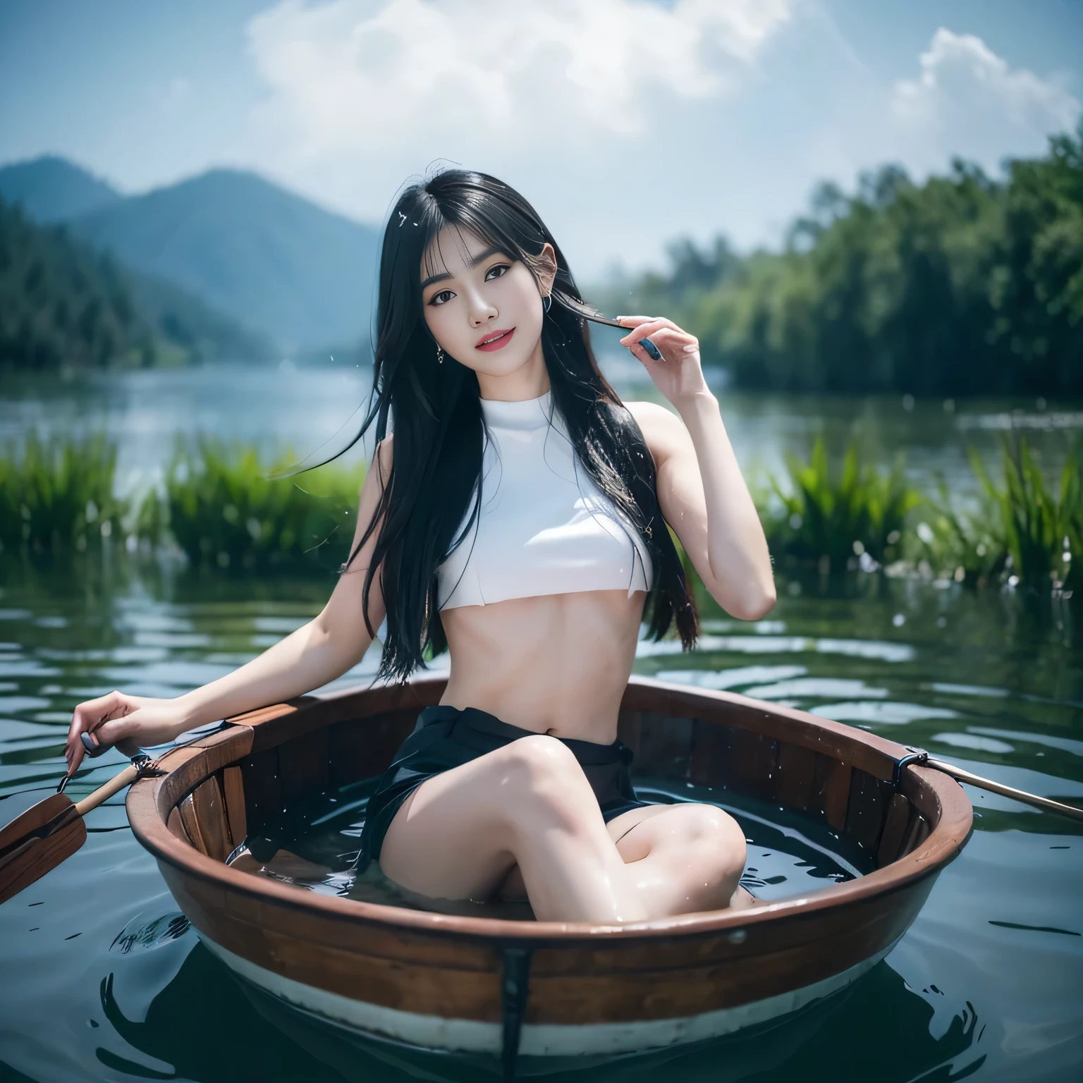 black hair, hair bobbles, wince, longeyelashes, solid circle eyes, light smile, ear blush, fang, Surrealism, drop shadow, anaglyph, stereogram, tachi-e, pov, atmospheric perspective, 8k, super detail, ccurate, best quality,There is a lady sitting in a boat in the water, Water treatment photoshop, realistic Fantasy Photography, rain, By Fei Danxu, Surreal photos, Photography Alexey Gurylev, surreal portrait photography, Sitting on an underwater throne, photographyalexey kurylev, Overflowing, soak, Surreal photosgraphy, In the water, Photo Processing, floating In the water, Fantasy Photography