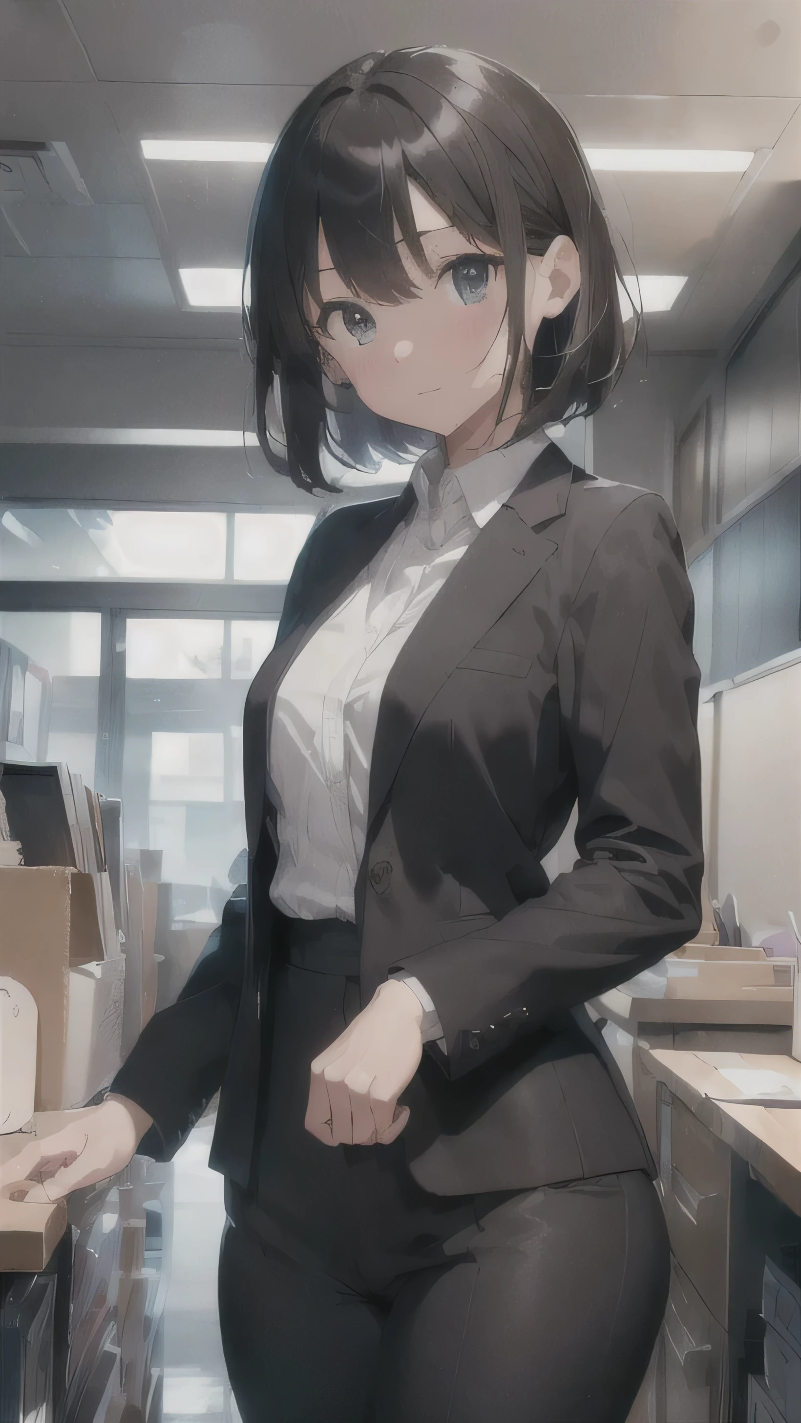 (highest quality, 8k, 32k, masterpiece, Ultra-high resolution:1.2), One girl, Beautiful Japanese Women, Tight waist, grey suit, Open jacket, office lady, suit, pants, From behind, Office Room, machine, (Stick your butt out:1.2), Detailed face, short hair, From below, Raise one leg