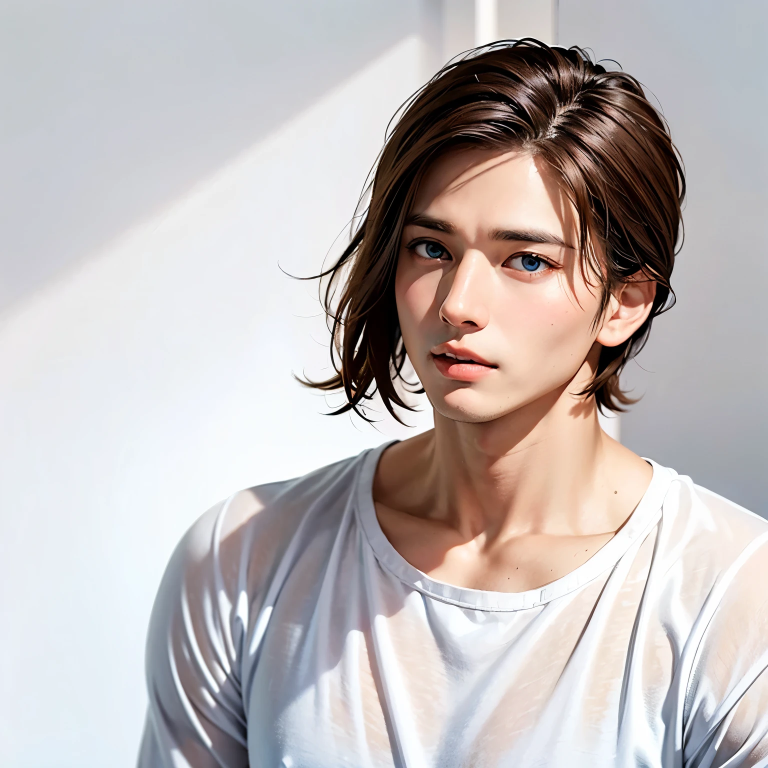 A sturdy boy, handsome, brown hair, white skin, blue eyes, western, cute face, half-body pose, VERY HANDSOME, age 25, perfect lips and nose, wearing a white shirt, alpha male type, comma hair style, standing against a plain white background.