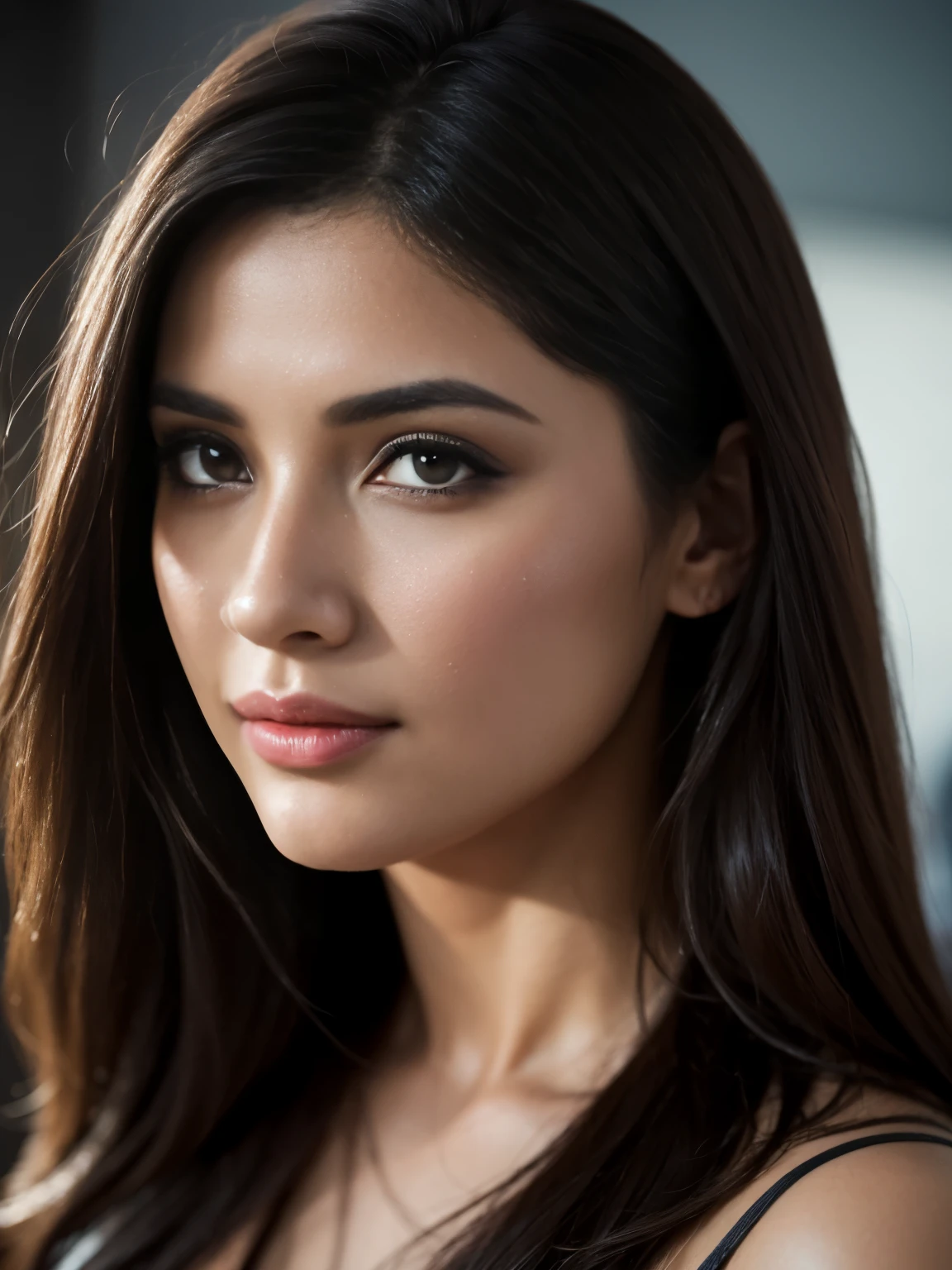 20 years old, Portrait of A confident-looking indian girl long flowing hair, (facing,90 degree to camera, looking at camera) hazel and brown big eyes, sitting on sofa, close up face, beautiful detailed nose, sexy detailed lips, (detailed skin texture), bokeh, perfect composition, hyperrealistic, super detailed, 8k, high quality, trending art, trending on artstation, sharp focus, studio photo, intricate details, highly detailed, art by greg rutkowski, full face visible,