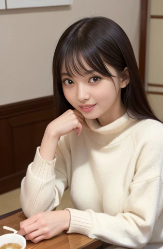 best quality, detailed, beautiful, insanely detailed, absurdres,perfect anatomy,
Japanese woman,black hair,27 years old,
(slender),
(small breasts best quality),
laughing, cream sweater, in the living room, (A scene where you warm up with a kotatsu:1.2), long shot, from front