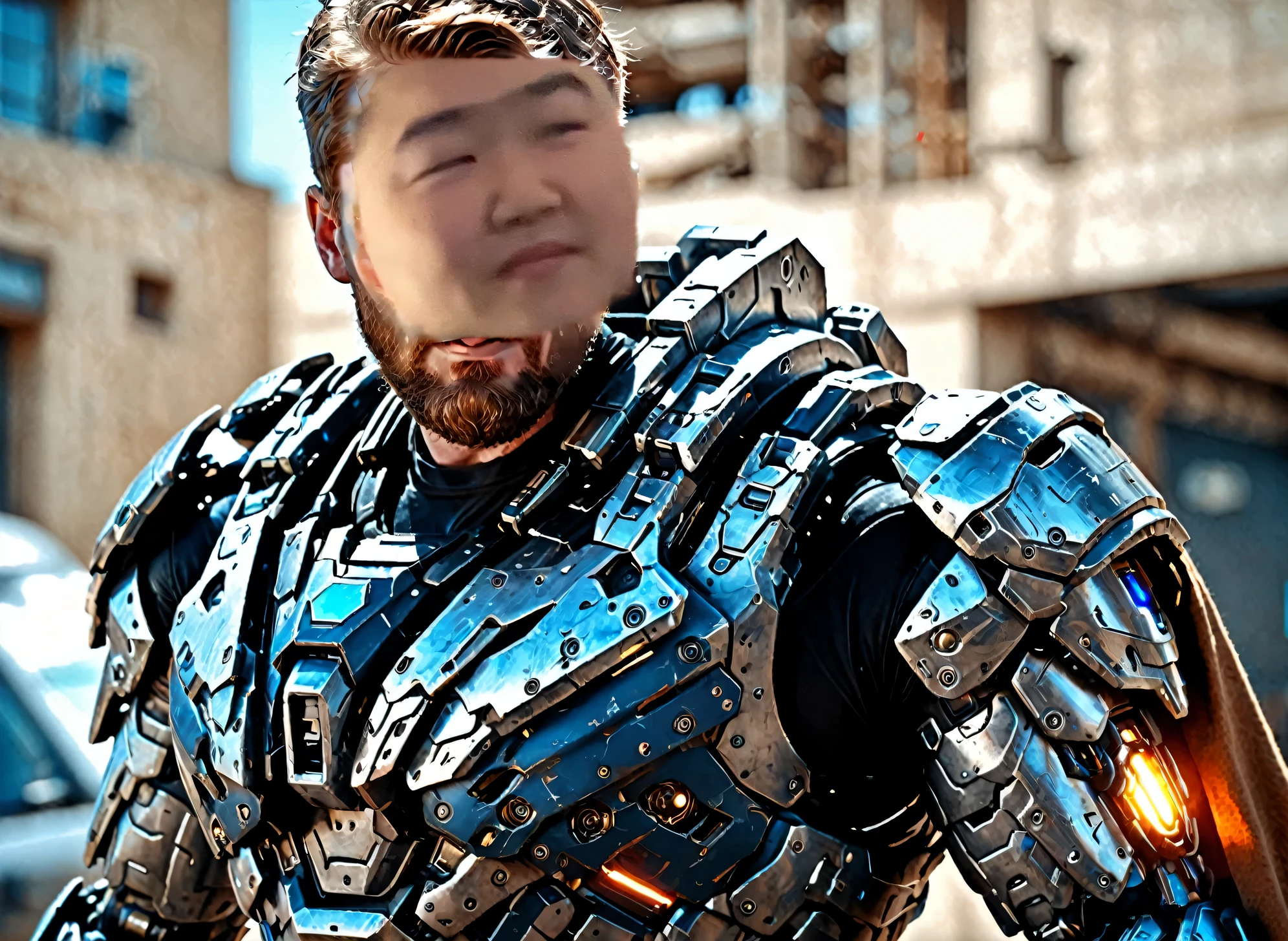 (masterpiece, best quality, ultra-detailed, best shadow), cinematic film still, photo of a man wearing a high tech scifi armor, mecha armor, male focus, armor, solo, facial hair, cape, beard, looking at viewer, blue eyes, blurry background, power armor, knee protection, standing, brown hair, science fiction  