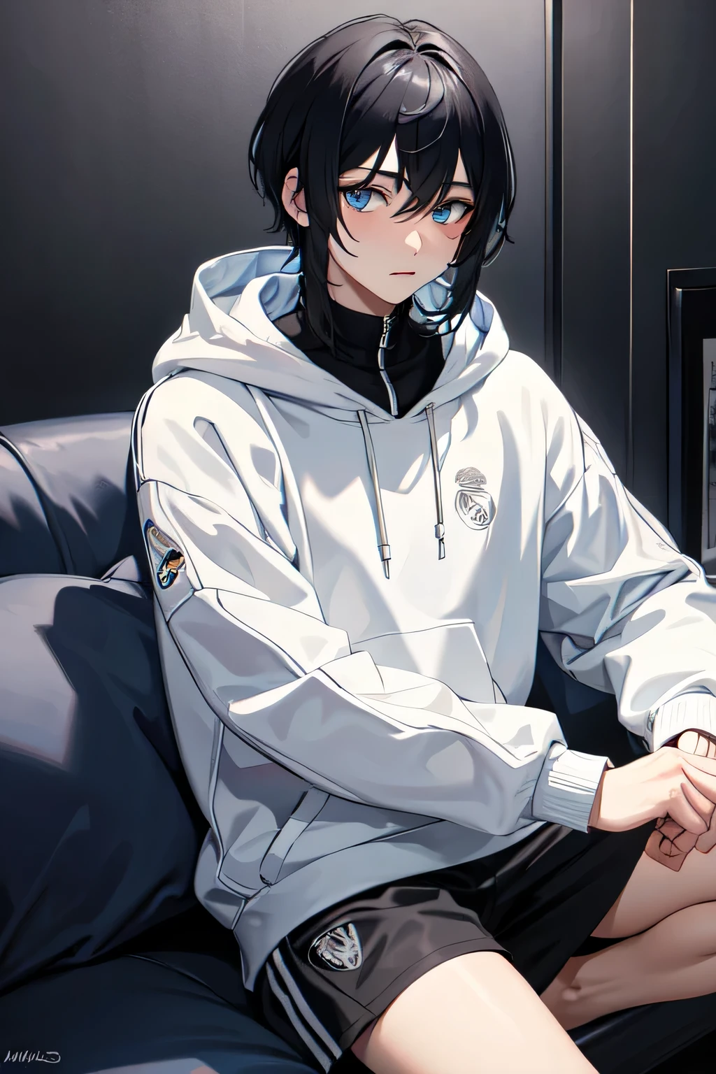 1boy,Real Madrid Football hoodie,blue eyes,black hair,mullet haircut,using piercing