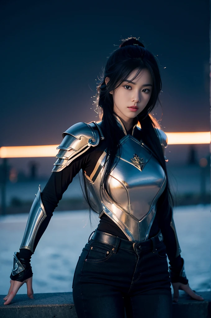 Chinese woman, 20yr old, Handsome and sexy,black soldier costume,joint armor,Black Jeans,Black boots,DAY TIME,sideways standing, Calm and indifferent, Detailed body, Detailed faces, oily body, gorgeous one, hyper realisitc, Handsome and charming, heroic look, Long ponytail hairstyle,With long bangs,Amazing amount of hair,Flowing hairstyle,ambientlighting,detailedbackground,Volumetriclighting,cellshading,8K