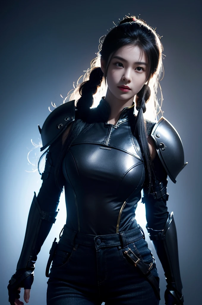 Chinese woman, 20yr old, Handsome and sexy,black soldier costume,joint armor,Black Jeans,Black boots,DAY TIME,sideways standing, Calm and indifferent, Detailed body, Detailed faces, oily body, gorgeous one, hyper realisitc, Handsome and charming, heroic look, Long ponytail hairstyle,With long bangs,Amazing amount of hair,Flowing hairstyle,ambientlighting,detailedbackground,Volumetriclighting,cellshading,8K
