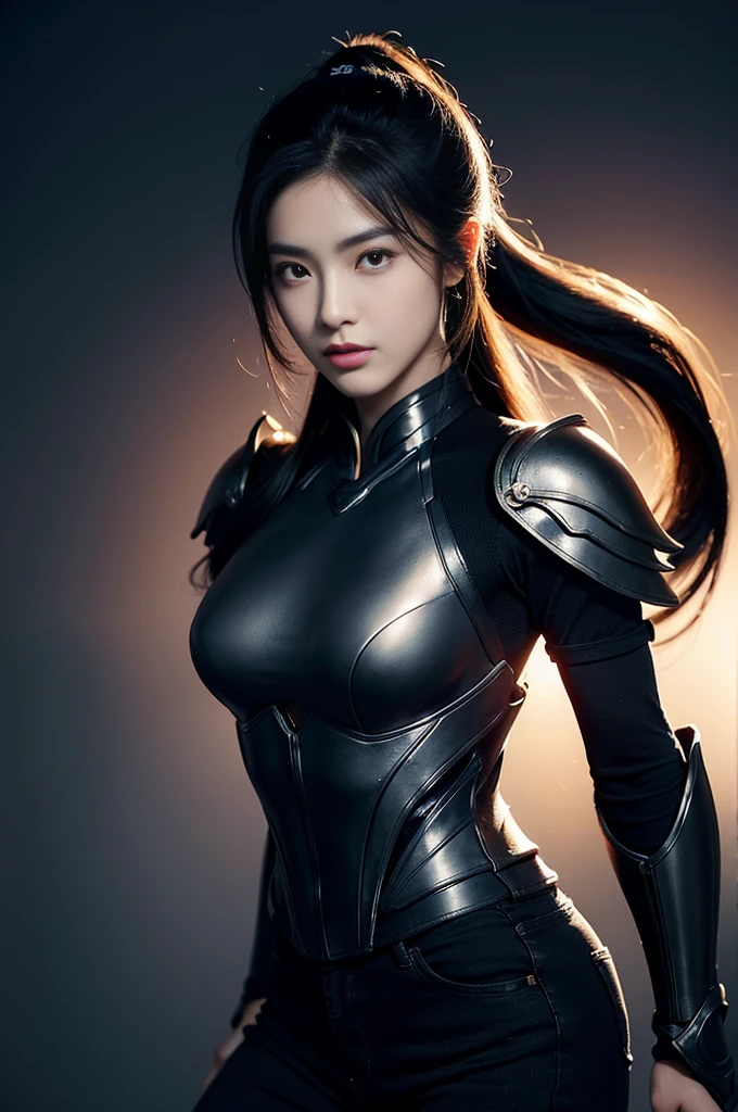 Chinese woman, 20yr old, Handsome and sexy,black soldier costume,joint armor,Black Jeans,Black boots,DAY TIME,sideways standing, Calm and indifferent, Detailed body, Detailed faces, oily body, gorgeous one, hyper realisitc, Handsome and charming, heroic look, Long ponytail hairstyle,With long bangs,Amazing amount of hair,Flowing hairstyle,ambientlighting,detailedbackground,Volumetriclighting,cellshading,8K