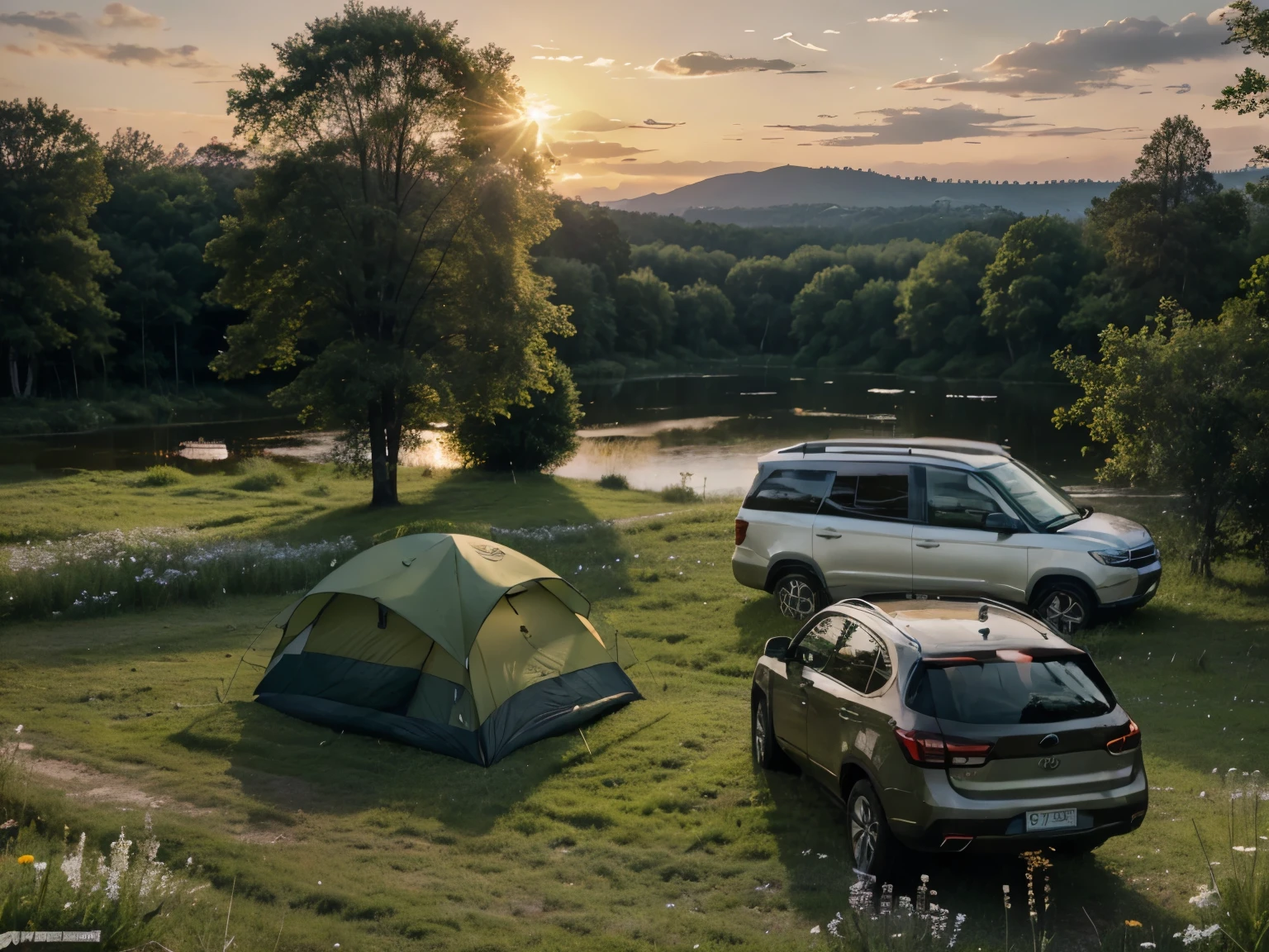 camping, SUV car parking, camp, lagoon, meadow, forest background, clear sky, natural, nature, few flowers, high resolution, high details, 4k, realistic, masterpiece:1.2, sunset, no people.