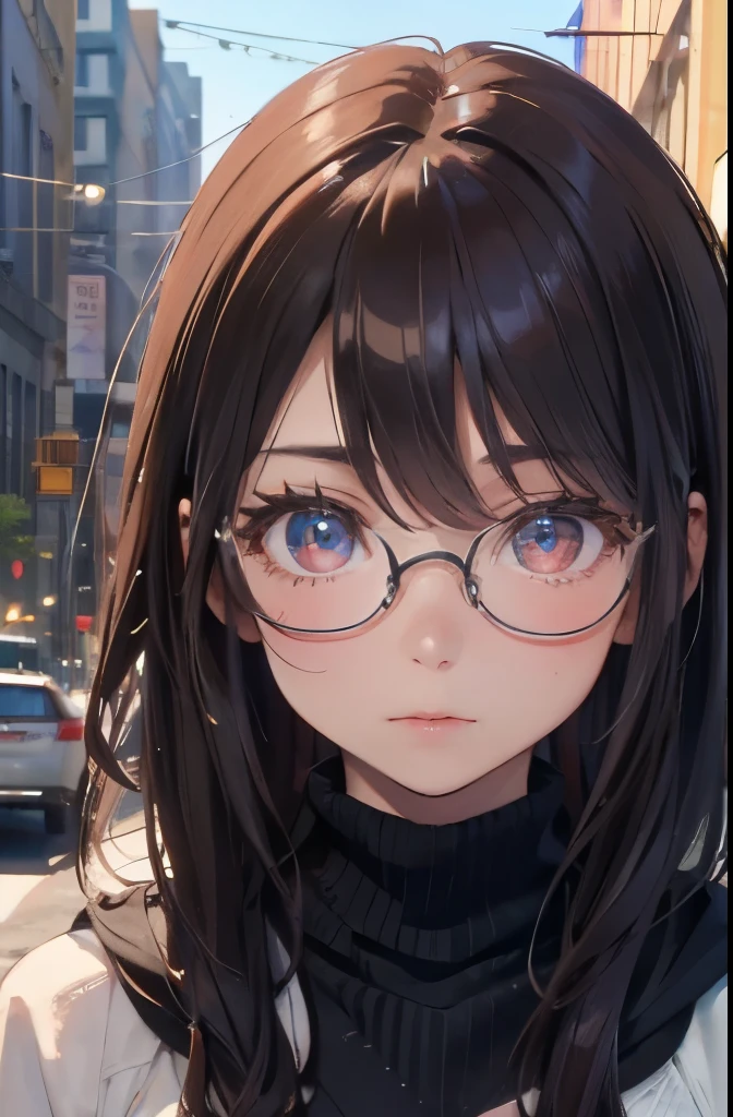 one girl, (a beauty girl, delicate girl:1.3), (14 years old:1.3),
break, (winter clothes:1.3),
break, (street view:1.3), (glasses), perfectly trimmed fingers,
break, very fine eye definition, (symmetrical eyes:1.3),
break, small breasts, brown eyes, parted bangs, brown hair,  girl,
break, (eyes and faces with detailed:1.0), (close up to face, zoom in face, face focus:1.0),
break, (masterpiece, best quality, ultra detailed, detailed face, 8k)