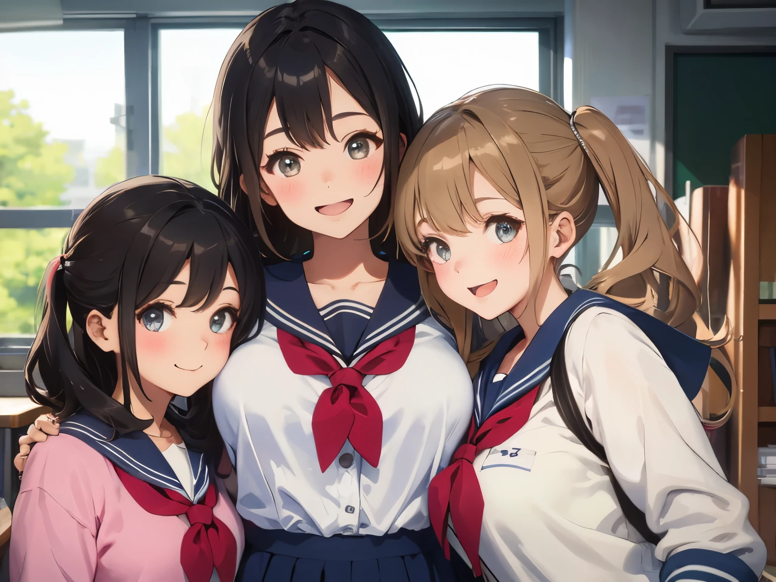 highest quality、High resolution、High definition、Beautiful  girl、Four women,sailor suit,cute hairstyle,perfect skin,huge breasts、Look at me happily、smiling、laughing、sexual expression、Upper body、Cute colored school cardigan