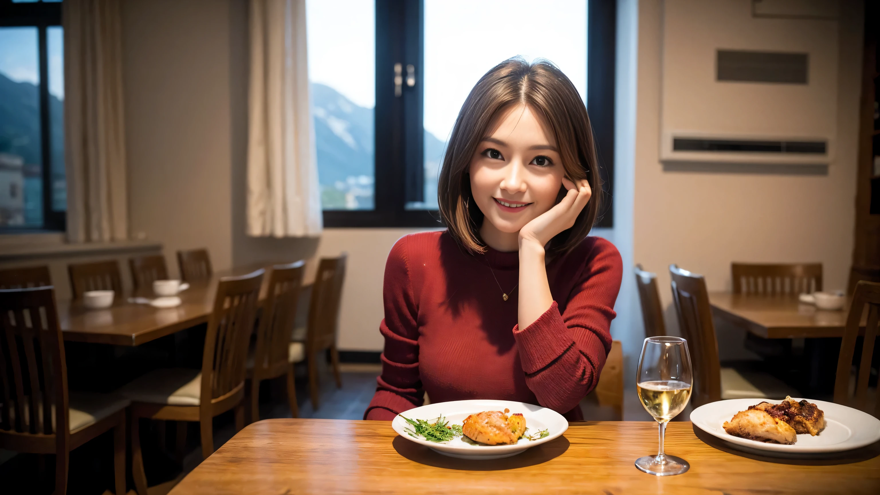 ((highest quality、8k、masterpiece:1.3))、Sharp focus:1.2、Beautiful woman perfect body:1.4、Slim body、((Bob Hale、Straight hair:1.2))、(to be born, highest quality, masterpiece:1.5), (Realistic, Intricate details:1.2), Ultra-high resolution, Put the light on your face、Spectacular view of the sunset sky and clouds、Amazing mountain views、A bright smile、wine glass、red wine 、Appetizer、Italian food、Wine bottle、Champagne、sparkling wine、, Beautiful Face, blue eyes, The light shines on your face, Blushing, short hair,Bright Face、Fox face、 (36 years old), 39 years old, Lady、Two beauties、Brown Hair、Shortcuts、Long sleeve shirt、dress、Pretty Woman 1, (slim face), (The body is slim), (Brown Hair), (Shortcuts), cheeks turn a little red,Attractive beauty、, Out of the window, A beautiful and detailed night view unfolds.........., restaurant, In a prominent place (From the waist up) Nova Frog Style, actress, model, Upper Body, White wine, slim, wine glass, A wine glass placed in the middle, smile, (smile: 1.15), Beautiful fine grain, Depth f/2,saturation, High Contrast, Strong light and shadow,Moist Body:1.5、3D texture、Delicate eyes、Brown Hair、The hair is very shiny、