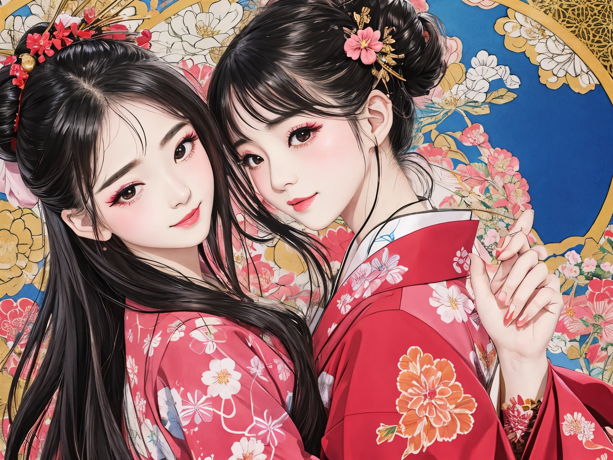 Each has a different expression２People and sisters、(２ girls）、｟Dancing traditional arts with grace)、((Big Breasts、Small Face、Not exposed))、highest quality、masterpiece、（Black Hair、Bun Hair）、Brown Eyes、｟Wide angle、Angle from above the waist、雑誌の表紙のPause、Their gazes are different, gazing into the distance｠、(８K high quality、masterpiece、High resolution、Realistic and beautiful light and shadow、(highest quality)、(High Resolution)、(Very delicate and beautiful)、(Beautiful 8k face)、(Smiling and closing your eyes、Beautiful eyes)、(Clear skin)、(Soft hair)、(８Head to Body)、(A Japanese style yukata kimono with red, pink and orange floral patterns on a white background, interspersed with gold powder、Wearing a yukata２Beautiful Japanese girls)、((Tanabata decoration background))、((Small Face))、(arms up)、Thin and small nose、（Red lipstick）、（Make your cheeks red）、（Glossy skin）、((Ink painting style))、Very thin eyebrows、Overall ultra-high image quality、（She is wearing maiko-style makeup.）、Whitening、Long and beautiful eyelashes、Glowing Skin、（Red cheeks）,Straight nose、masterpiece、highest quality、whole body、 Eyebrows visible through hair、Bun Hair、Grin、Gal、コGal、Viewer&#39;s Eyes、Plaid、Stylish、woman、fine、Pause、
Waiting to start 
