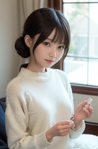best quality, detailed, beautiful, insanely detailed, absurdres,perfect anatomy,
Japanese woman,black hair,27 years old,
(slender),
(small breasts best quality),
laughing, cream sweater, in the living room, (A scene where you warm up with a kotatsu:1.2), long shot, from front