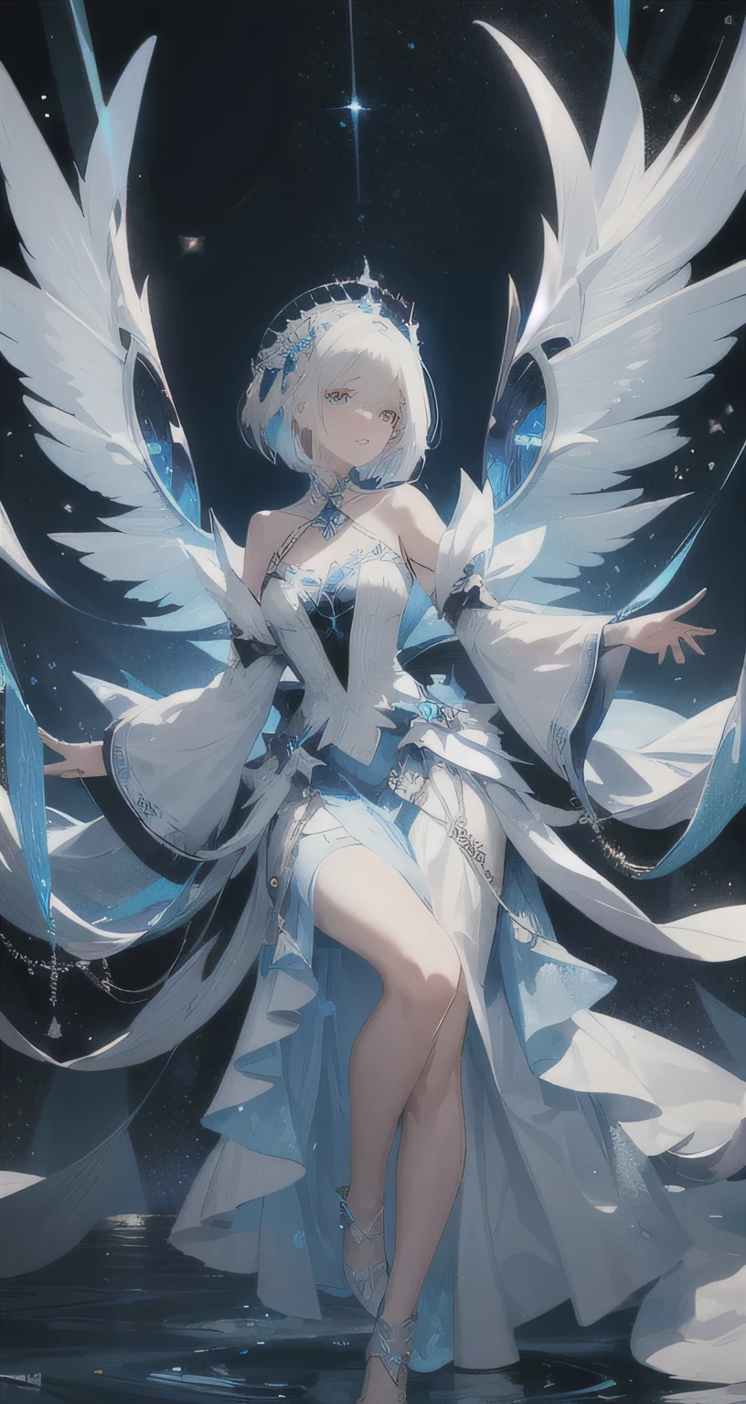 Game character A gorgeous outfit with very sparkly decorations, resembling the night sky, with a blue and white motif A lot of blue Uses the power of water A fair-skinned woman White hair that turns blue at the ends Height 165cm Bob hair Wears blue sparkling jewel accessories No wings Dress