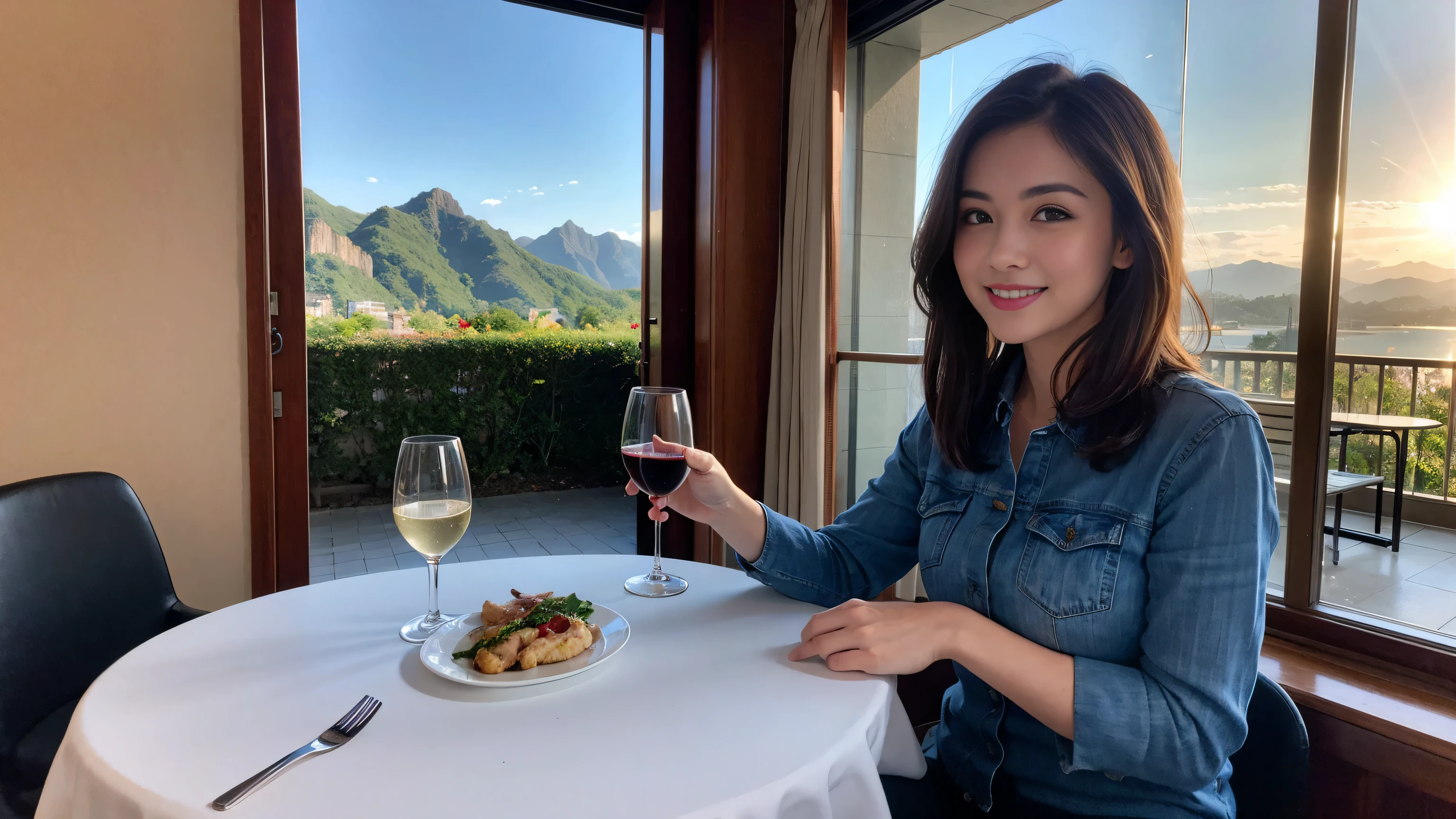 ((highest quality、8k、masterpiece:1.3))、Sharp focus:1.2、Beautiful woman perfect body:1.4、Slim body、((Bob Hale、Straight hair:1.2))、(to be born, highest quality, masterpiece:1.5), (Realistic, Intricate details:1.2), Ultra-high resolution, Please put light on my face、Spectacular view of the sunset sky and clouds、Amazing mountain views、A bright smile、wine glass、red wine 、Appetizer、Italian food、Wine bottle、Champagne、sparkling wine、, Beautiful Face, blue eyes, The light shines on your face, Blushing, short hair,Bright Face、Fox face、 (36 years old), 33 years old, Lady、Two beauties、Brown Hair、Shortcuts、Long sleeve shirt、dress、Pretty Woman 1, (slim face), (The body is slim), (Brown Hair), (Shortcuts), cheeks turn a little red,Attractive beauty、, Out of the window, A beautiful and detailed night view unfolds.........., restaurant, In a prominent place (From the waist up) Nova Frog Style, actress, model, Upper Body, White wine, slim, wine glass, A wine glass placed in the middle, smile, (smile: 1.15), Beautiful fine grain, Depth f/2,saturation, High Contrast, Strong light and shadow,Moist Body:1.5、3D texture、Delicate eyes、Brown Hair、The hair is very shiny、