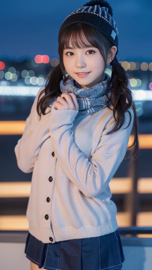 (highest quality,masterpiece:1.3,Ultra-high resolution),(Very detailed,8K),(Realistic:1.4,RAW shooting)。Blurred Background、Looking at the audience、Shy expression、18-year-old girl、Twin tails。Knitted hat、Scarf。A cup breasts、City of night。Night view。