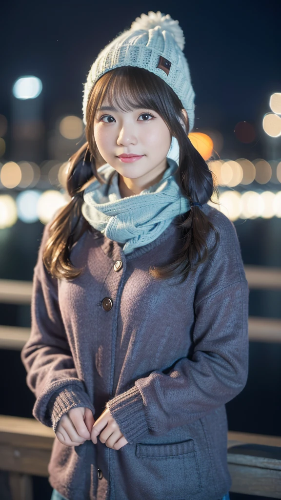 (highest quality,masterpiece:1.3,Ultra-high resolution),(Very detailed,8K),(Realistic:1.4,RAW shooting)。Blurred Background、Looking at the audience、Shy expression、18-year-old girl、Twin tails。Knitted hat、Scarf。A cup breasts、City of night。Night view。