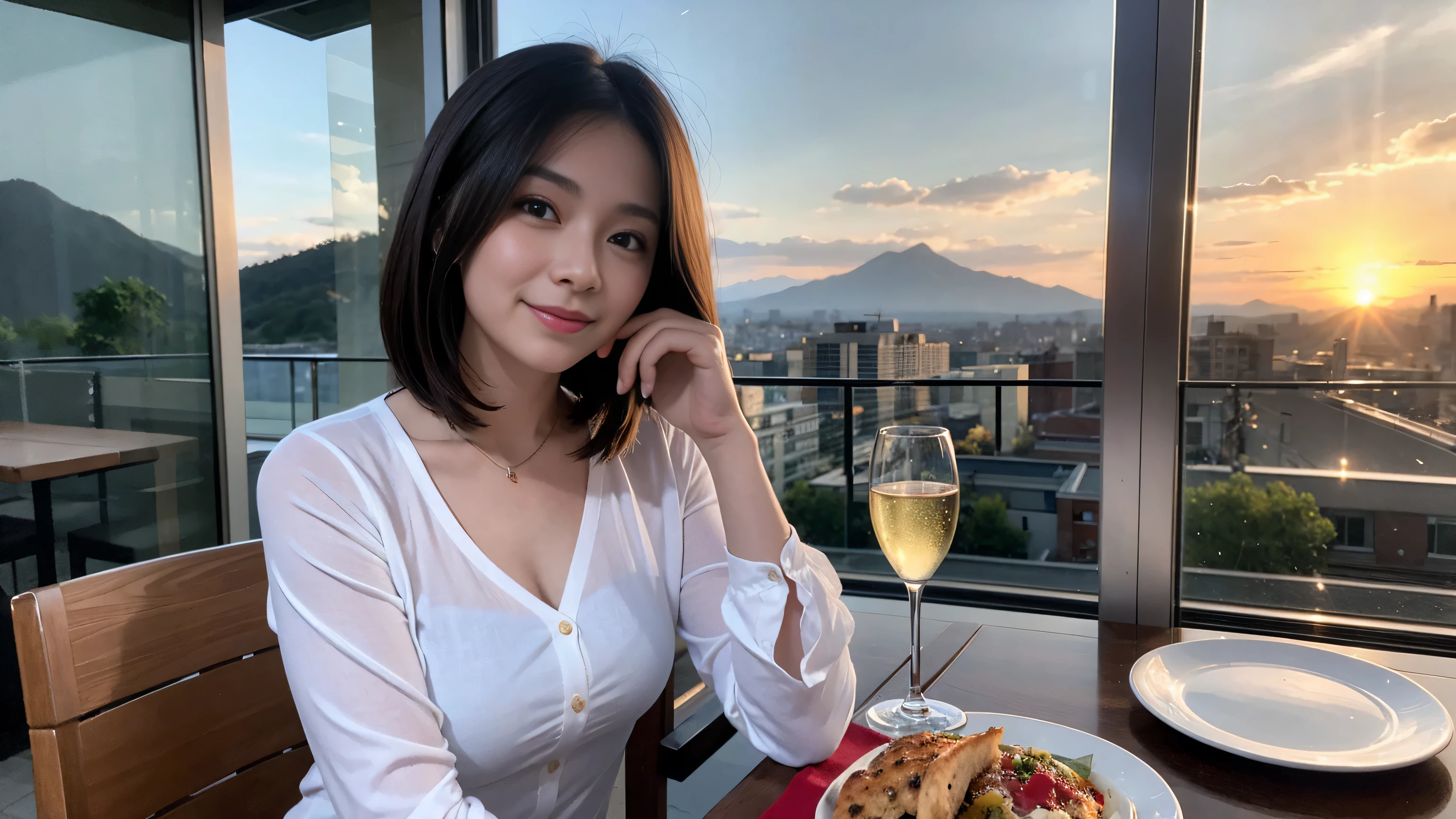 ((highest quality、8k、masterpiece:1.3))、Sharp focus:1.2、Beautiful woman perfect body:1.4、Slim body、((Bob Hale、Straight hair:1.2))、(to be born, highest quality, masterpiece:1.5), (Realistic, Intricate details:1.2), Ultra-high resolution, Please put light on my face、Spectacular view of the sunset sky and clouds、Amazing mountain views、A bright smile、wine glass、red wine 、Appetizer、Italian food、Wine bottle、Champagne、sparkling wine、, Beautiful Face, blue eyes, The light shines on your face, Blushing, short hair,Bright Face、Fox face、 (36 years old), 33 years old, Lady、Two beauties、Brown Hair、Shortcuts、Long sleeve shirt、dress、Pretty Woman 1, (slim face), (The body is slim), (Brown Hair), (Shortcuts), cheeks turn a little red,Attractive beauty、, Out of the window, A beautiful and detailed night view unfolds.........., restaurant, In a prominent place (From the waist up) Nova Frog Style, actress, model, Upper Body, White wine, slim, wine glass, A wine glass placed in the middle, smile, (smile: 1.15), Beautiful fine grain, Depth f/2,saturation, High Contrast, Strong light and shadow,Moist Body:1.5、3D texture、Delicate eyes、Brown Hair、The hair is very shiny、