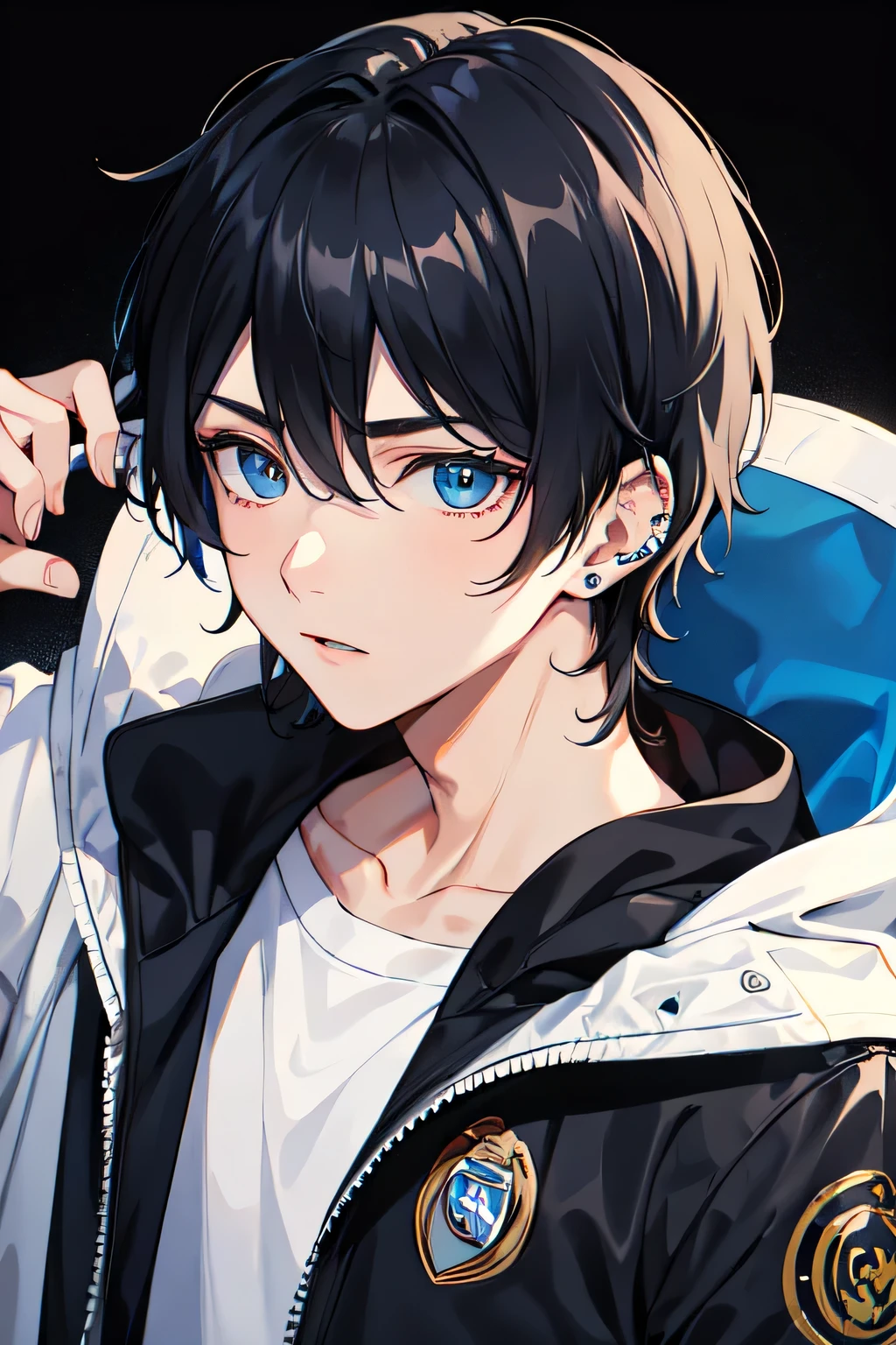 1boy,Real Madrid Emirates Flybetter hoodie,blue eyes,black hair,mullet haircut,using piercing