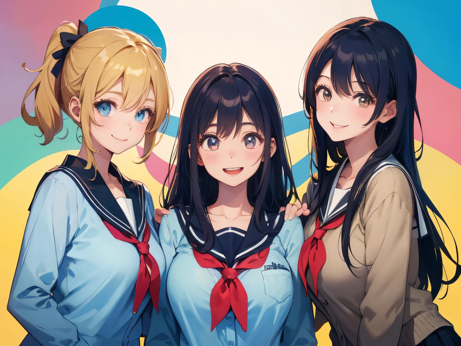highest quality、High resolution、High definition、Beautiful teenage girl、Four women,sailor suit,cute hairstyle,perfect skin,huge breasts、Look at me happily、smiling、laughing、sexual expression、Upper body、Cute colored school cardigan